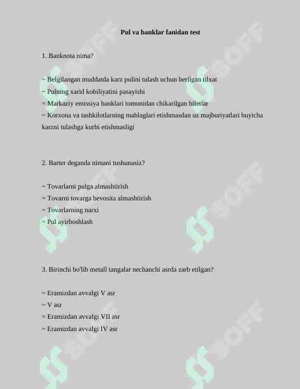 pul va banklar fanidan 100 talik test javoblari bilan