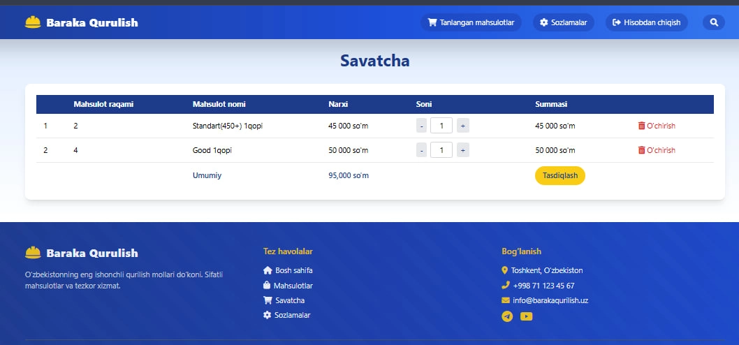 Online qurilish do'koni uchun tuzilgan to'liq websayt