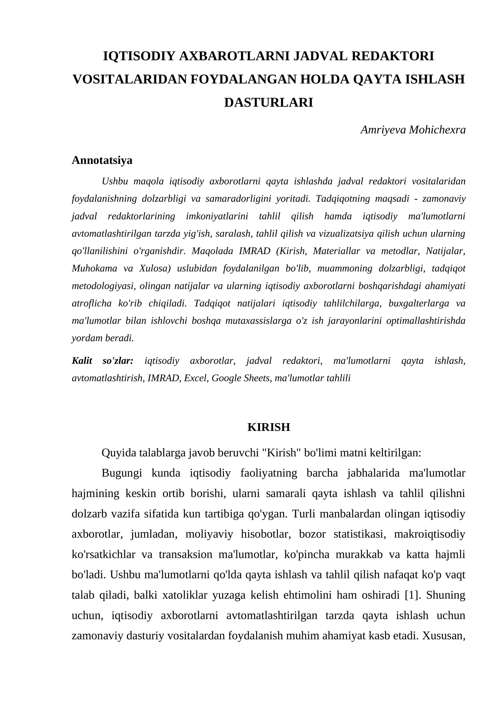 IQTISODIY AXBAROTLARNI JADVAL REDAKTORI VOSITALARIDAN FOYDALANGAN HOLDA QAYTA ISHLASH DASTURLARI