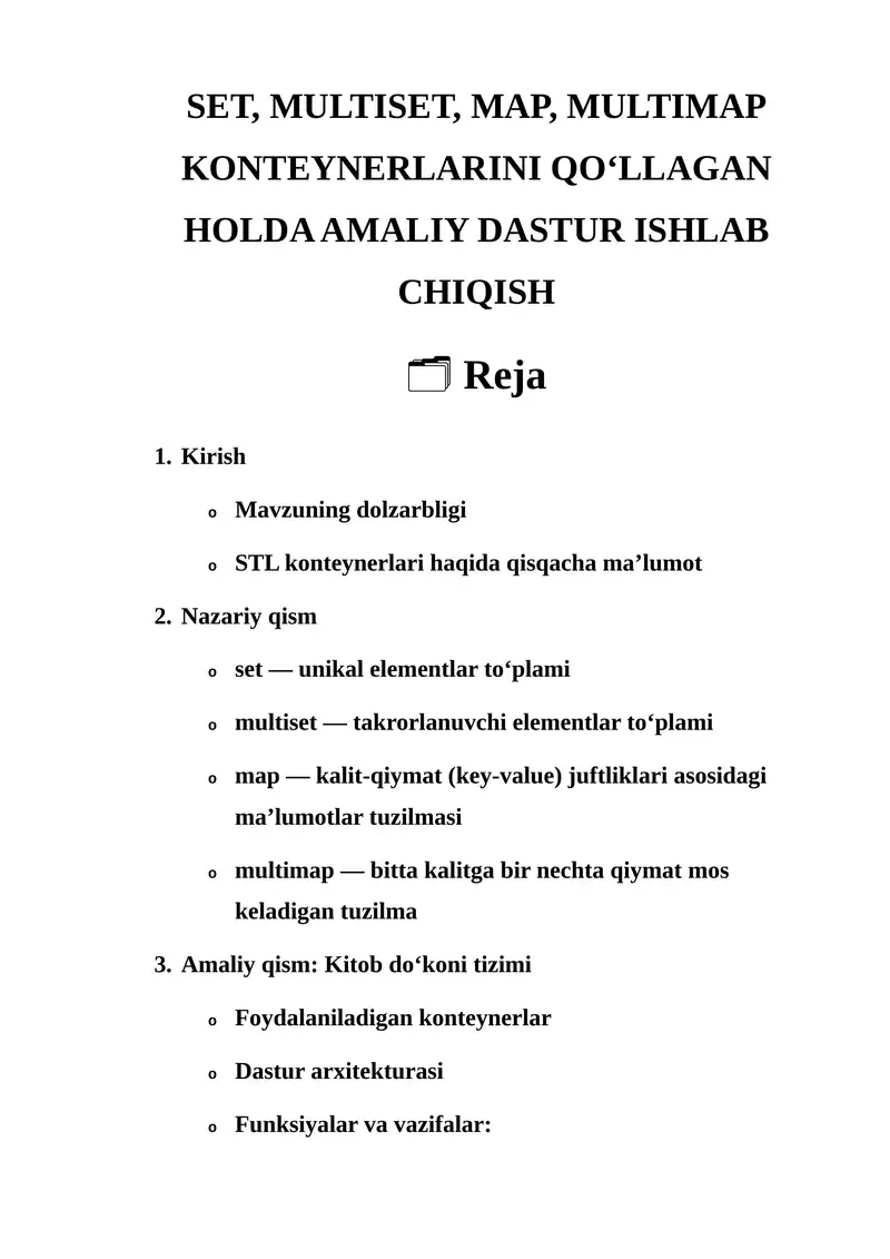 SET, MULTISET, MAP, MULTIMAP KONTEYNERLARINI QO‘LLAGAN HOLDA AMALIY ...