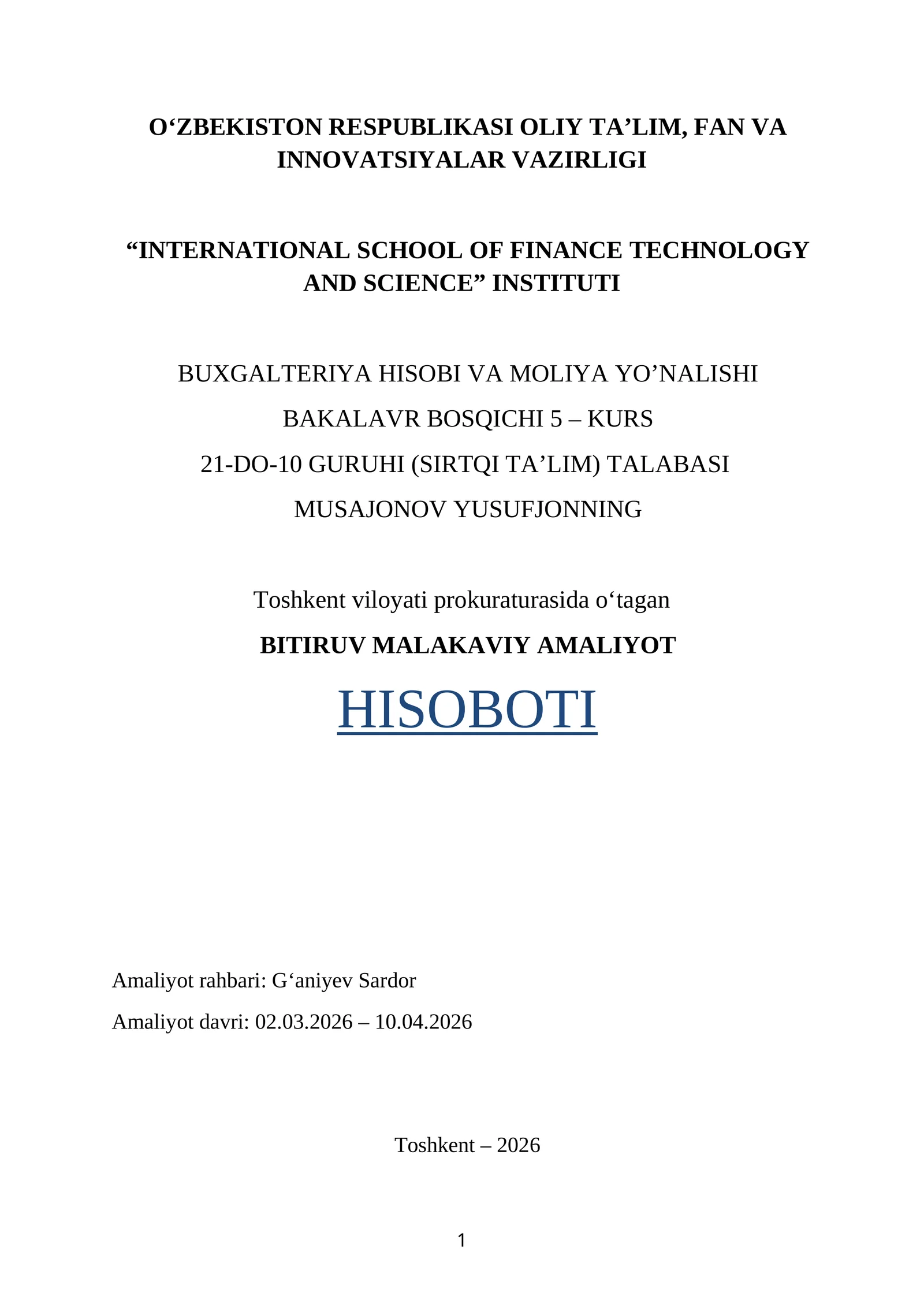 TOSHKENT VILOYATI PROKURATURASI. BITIRUV MALAKAVIY AMALIYOT