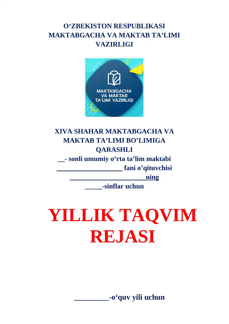 YILLIK TAQVIM REJASI ustki muqovasi