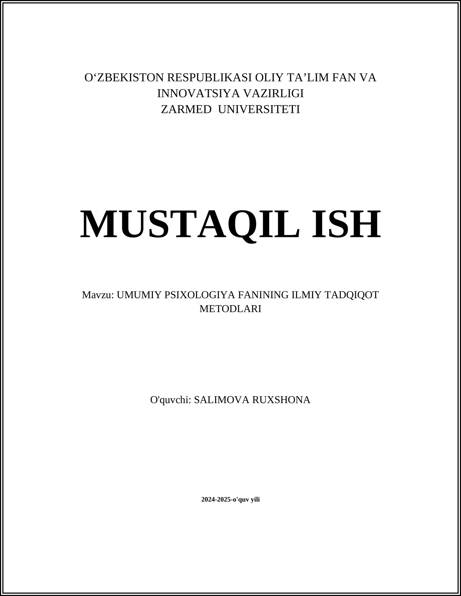 UMUMIY PSIXOLOGIYA FANINING ILMIY TADQIQOT METODLARI