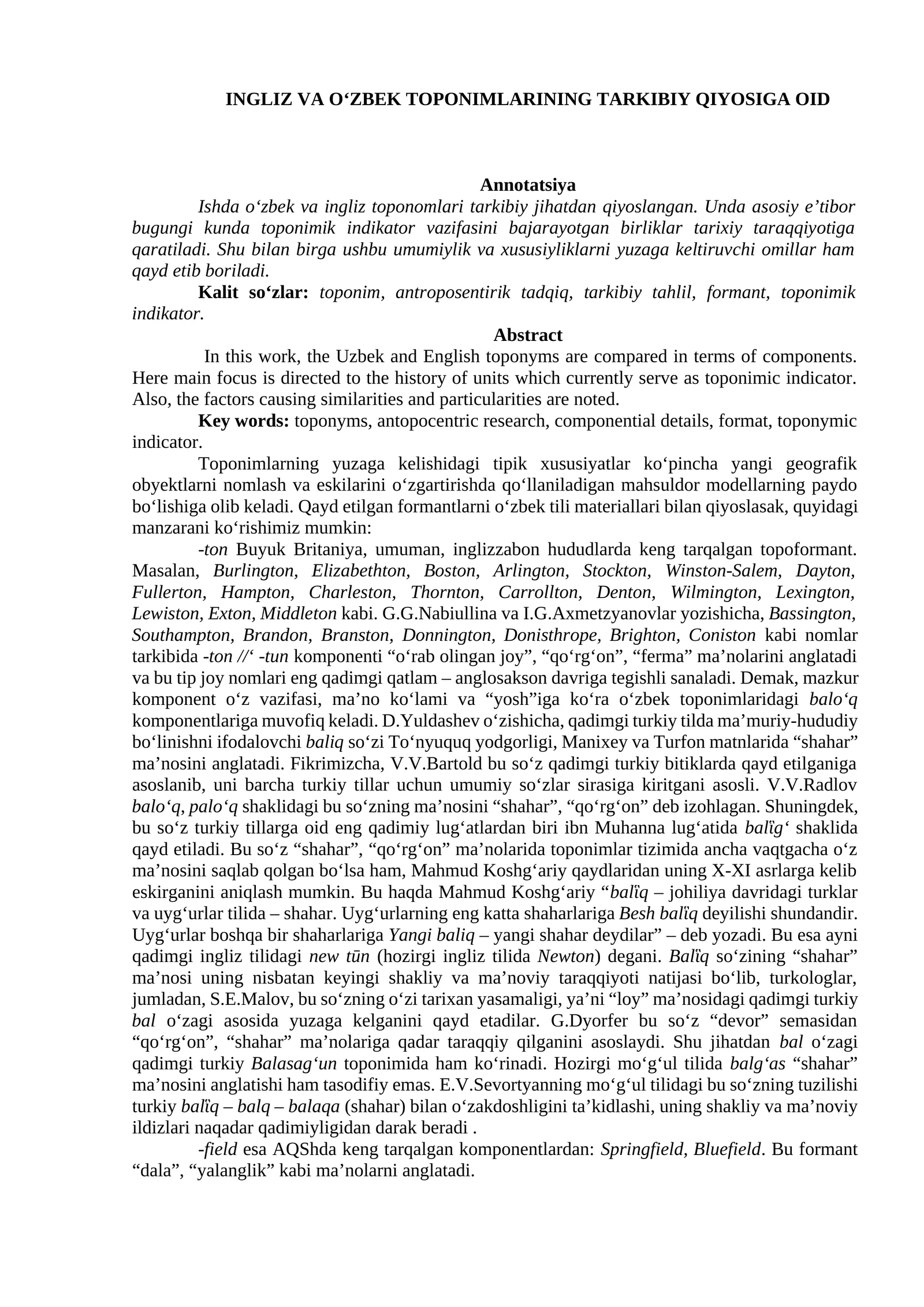 INGLIZ VA OʻZBEK TOPONIMLARINING TARKIBIY QIYOSIGA OID