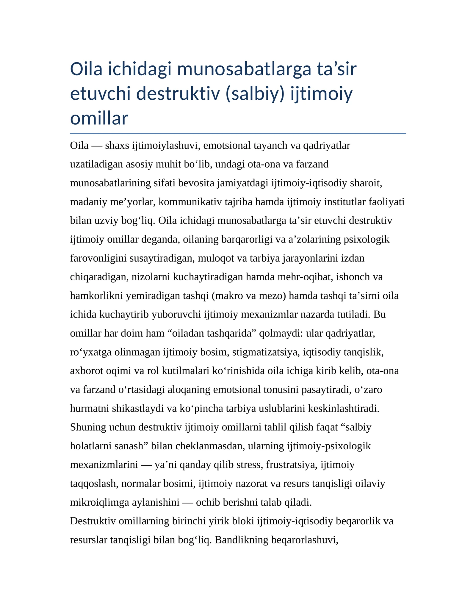 Oila ichidagi munosabatlarga ta’sir etuvchi destruktiv (salbiy) ijtimoiy omillar