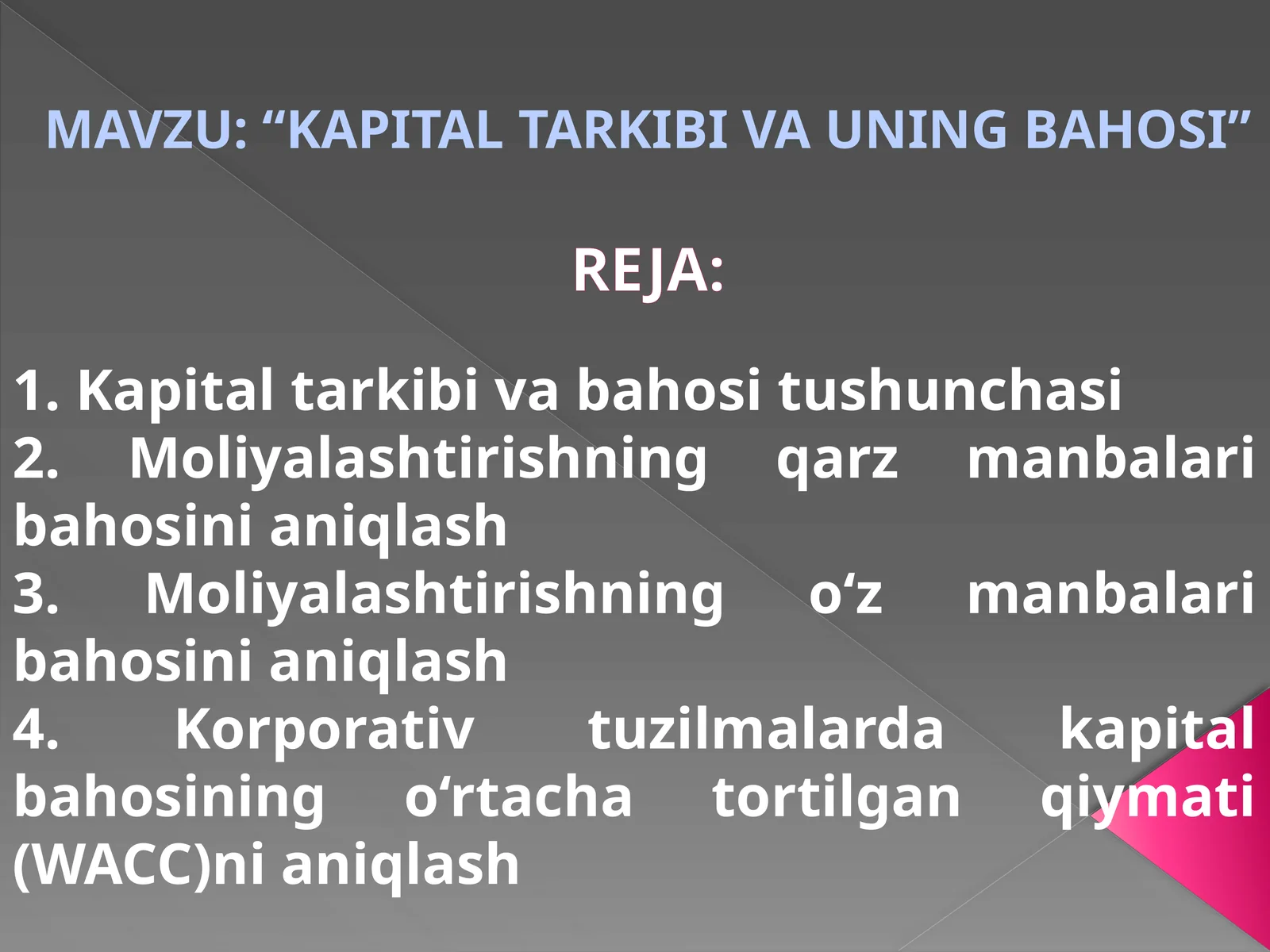 KAPITALTARKIBI VA UNING BAHOSI