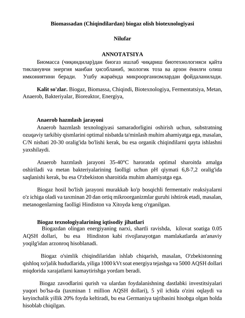 Biomassadan (Chiqindilardan) biogaz olish biotexnologiyasi