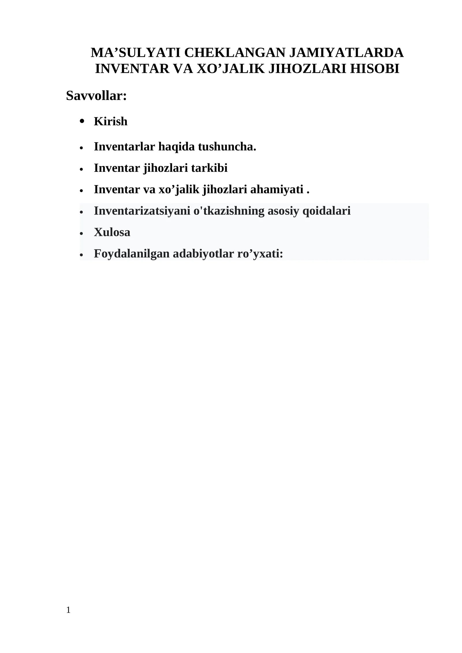 MA’SULYATI CHEKLANGAN JAMIYATLARDA INVENTAR VA XO’JALIK JIHOZLARI HISOBI