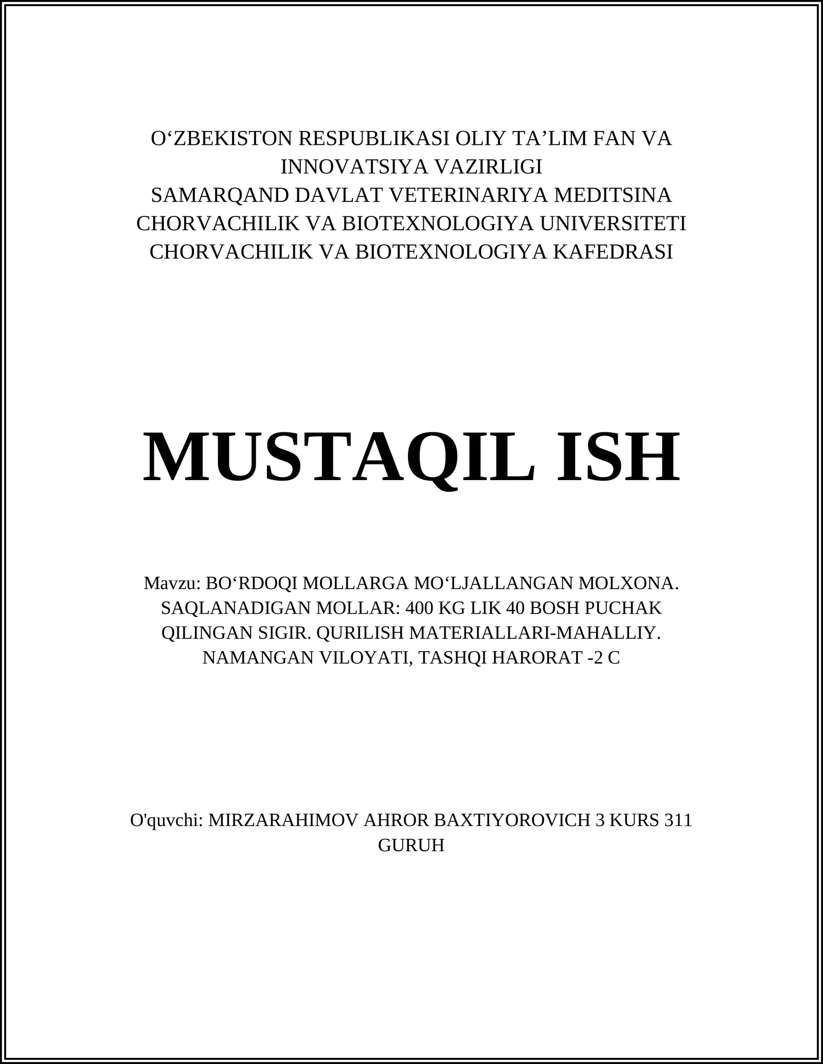 BO‘RDOQI MOLLARGA MO‘LJALLANGAN MOLXONA