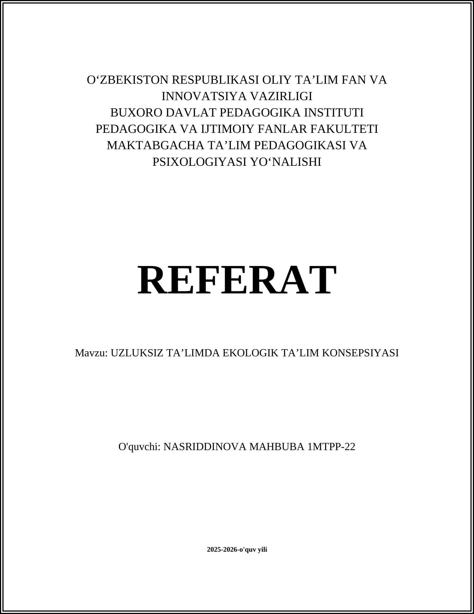 Uzluksiz taʼlimda ekologik taʼlim kontseptsiyasi