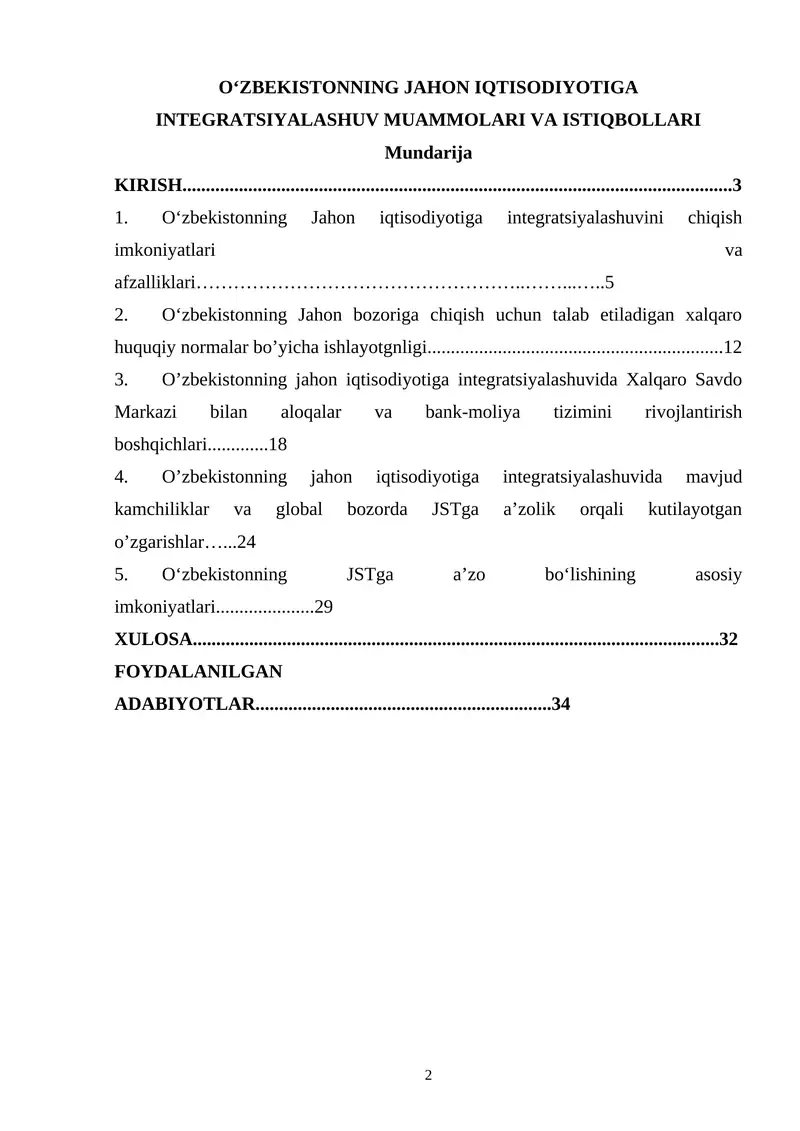 O‘ZBEKISTONNING JAHON IQTISODIYOTIGA INTEGRATSIYALASHUV MUAMMOLARI VA ISTIQBOLLARI