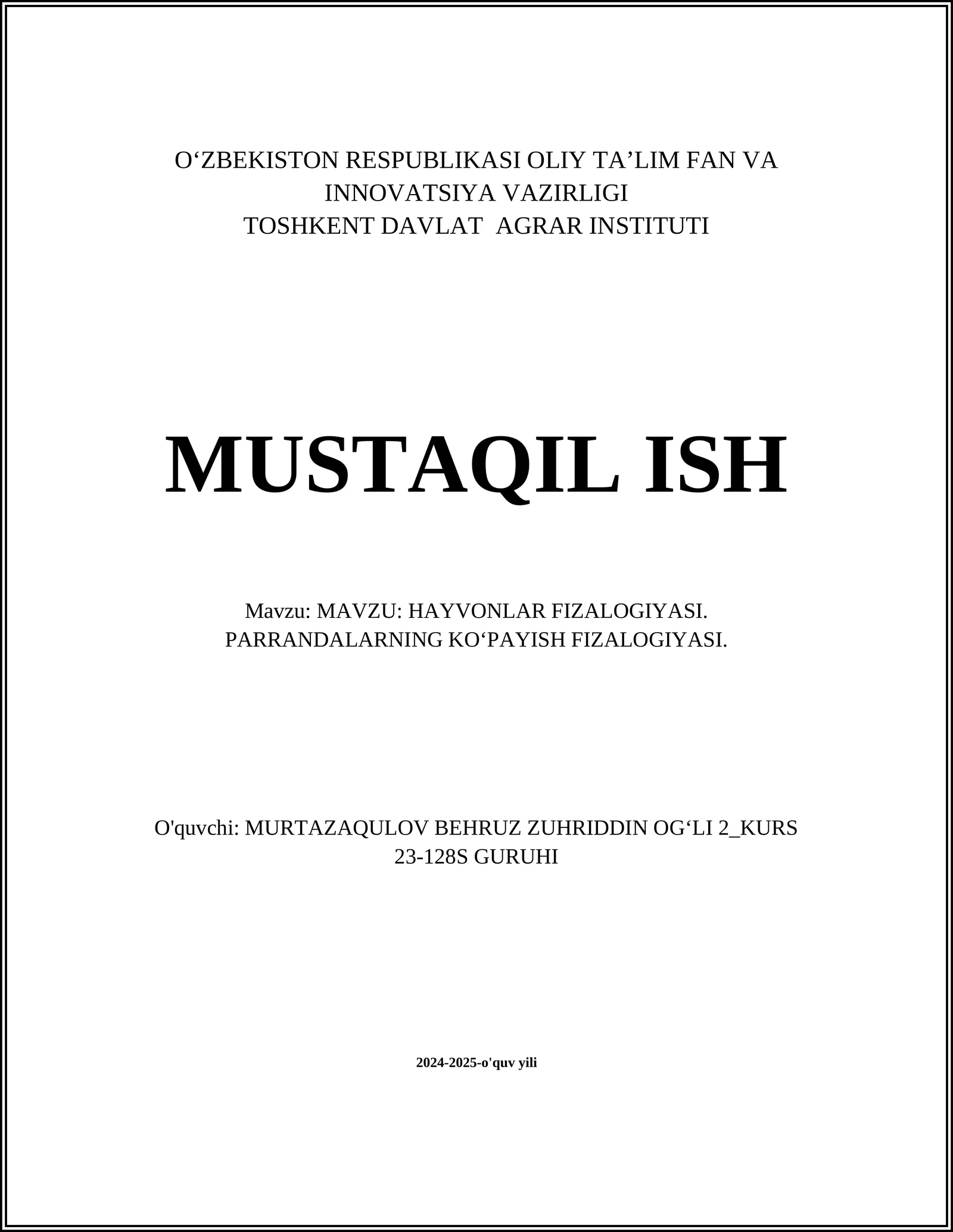HAYVONLAR FIZALOGIYASI. PARRANDALARNING KOʻPAYISH FIZALOGIYASI