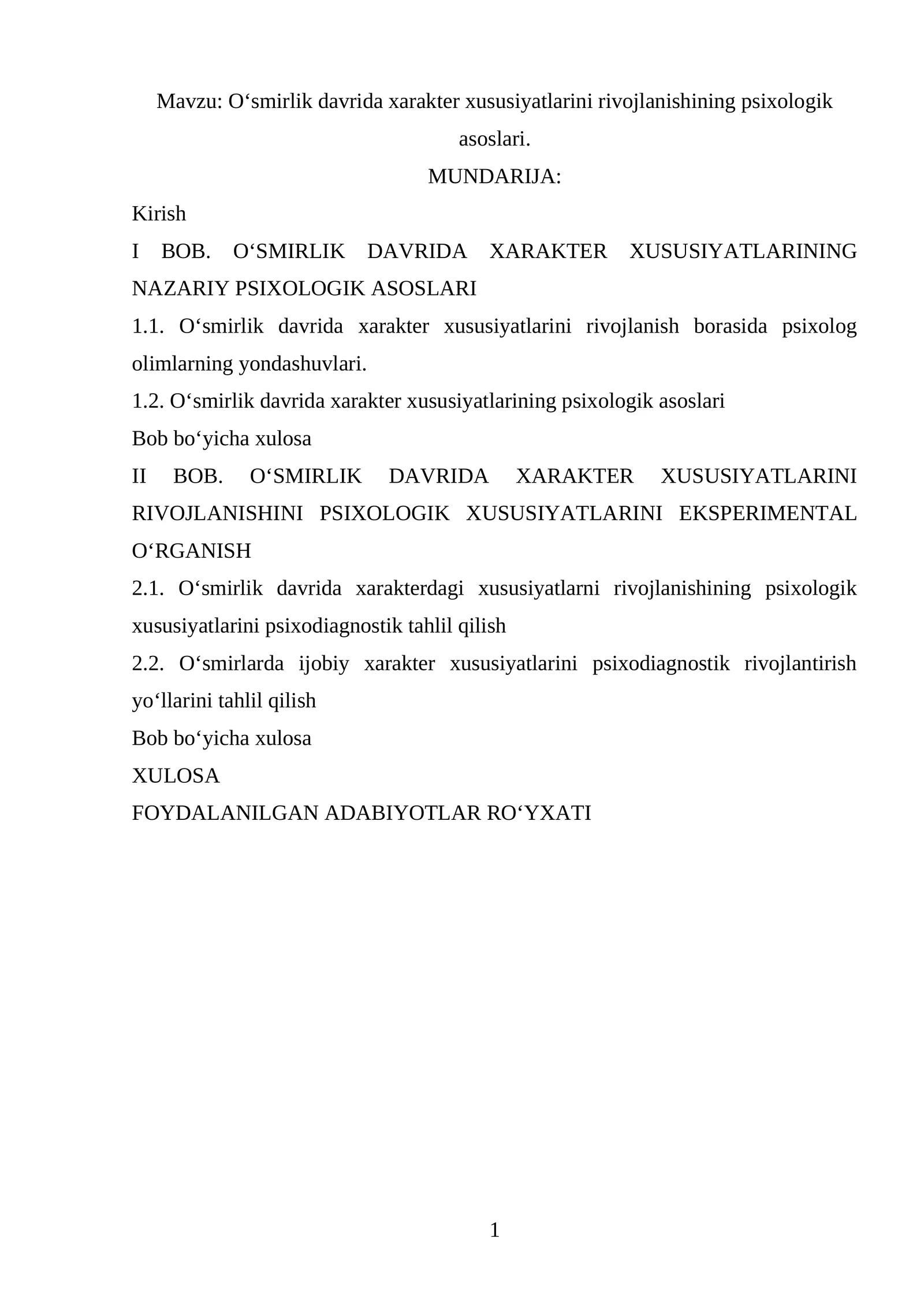 Oʻsmirlik davrida xarakter xususiyatlarini rivojlanishining psixologik asoslari