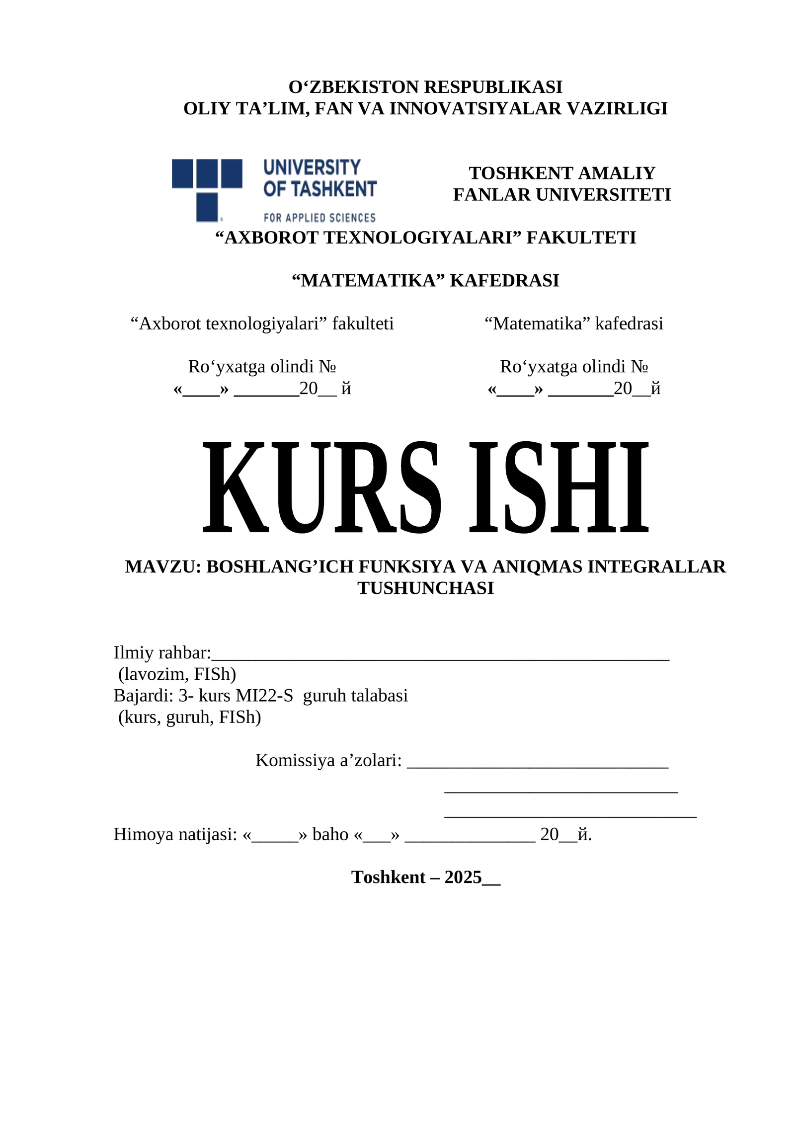 Boshlang’ich funksiya va aniqmas integrallar tushunchasi