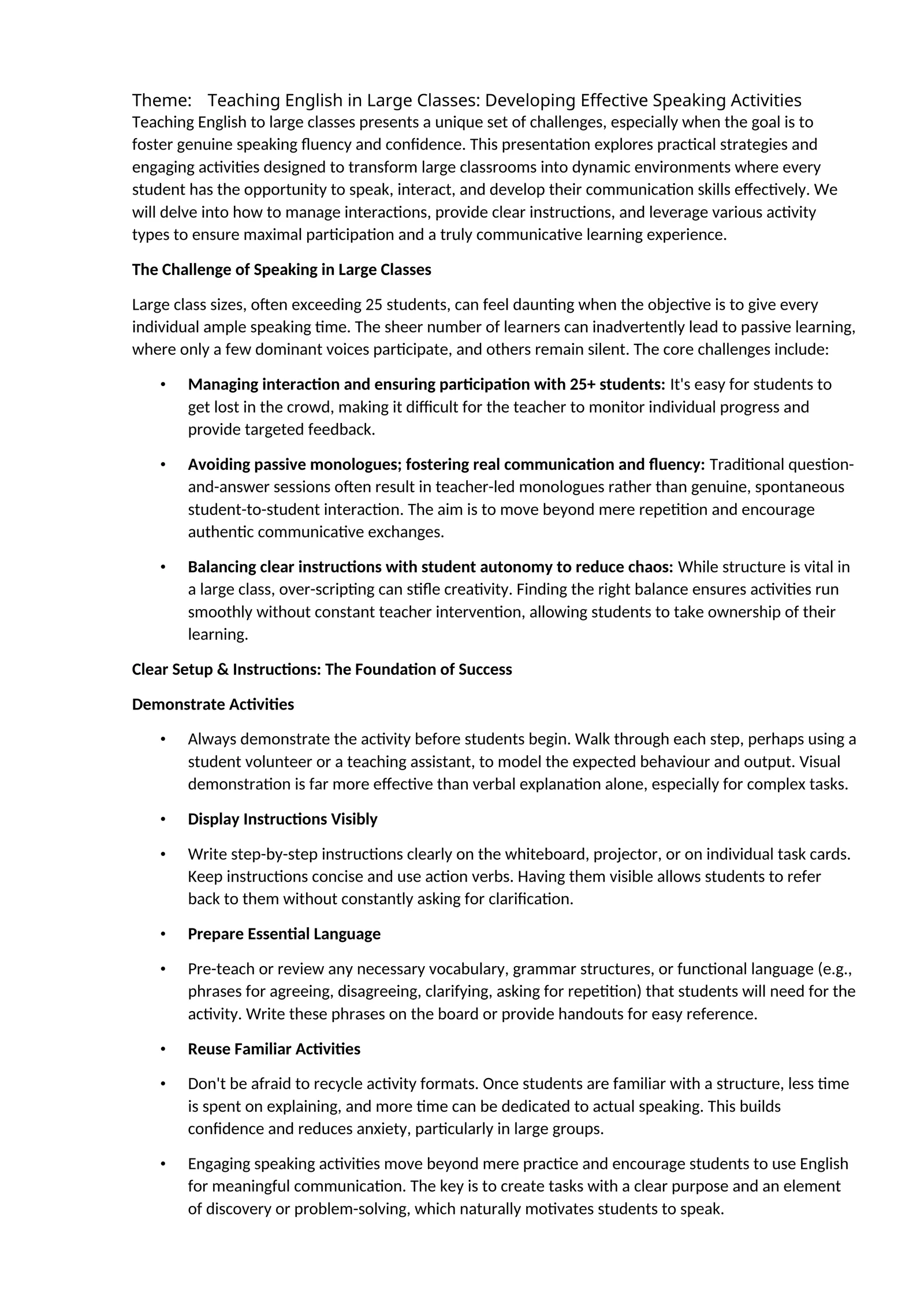 Teaching English in Large Classes: Developing Effective Speaking Activities