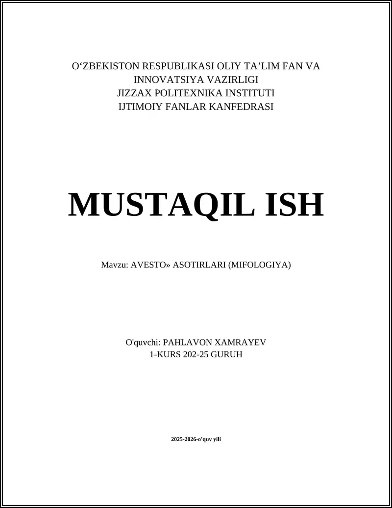 AVESTO» ASOTIRLARI (MIFOLOGIYA)