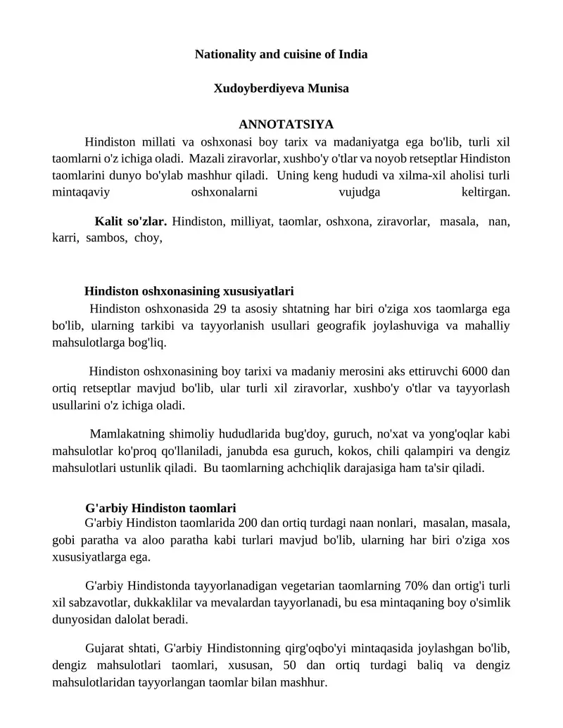 Hindiston oshxonasining xususiyatlari