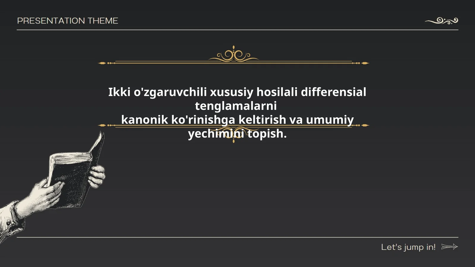 Ikki o'zgaruvchili xususiy hosilali differensial tenglamalarni kanonik ko'rinishga keltirish va umumiy yechimini topish