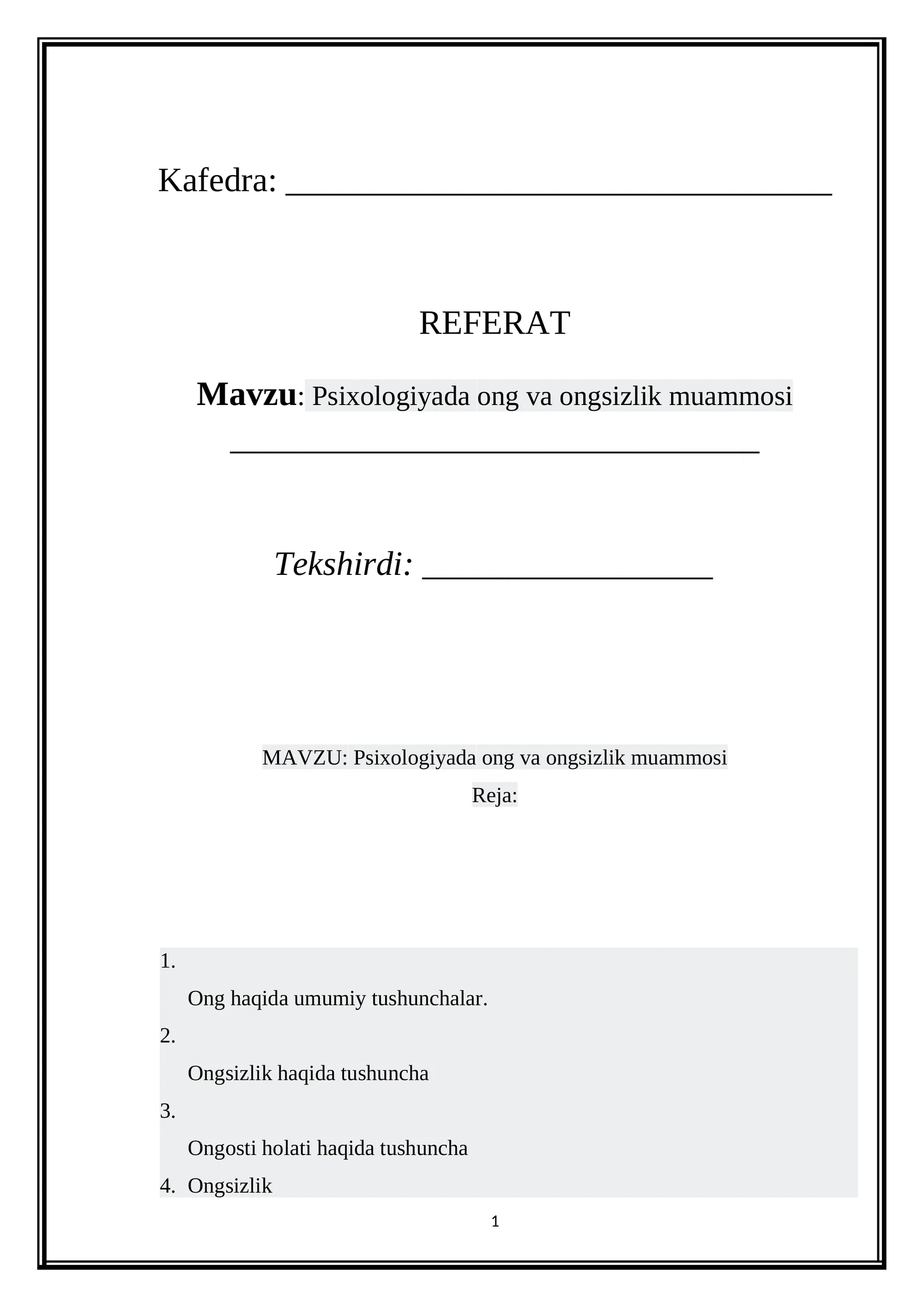 Psixologiyada ong va ongsizlik muammosi