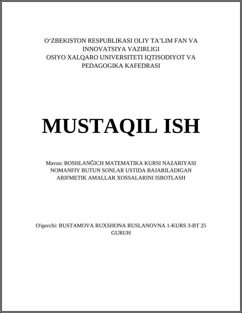 BOSHLANĞICH MATEMATIKA KURSI NAZARIYASI