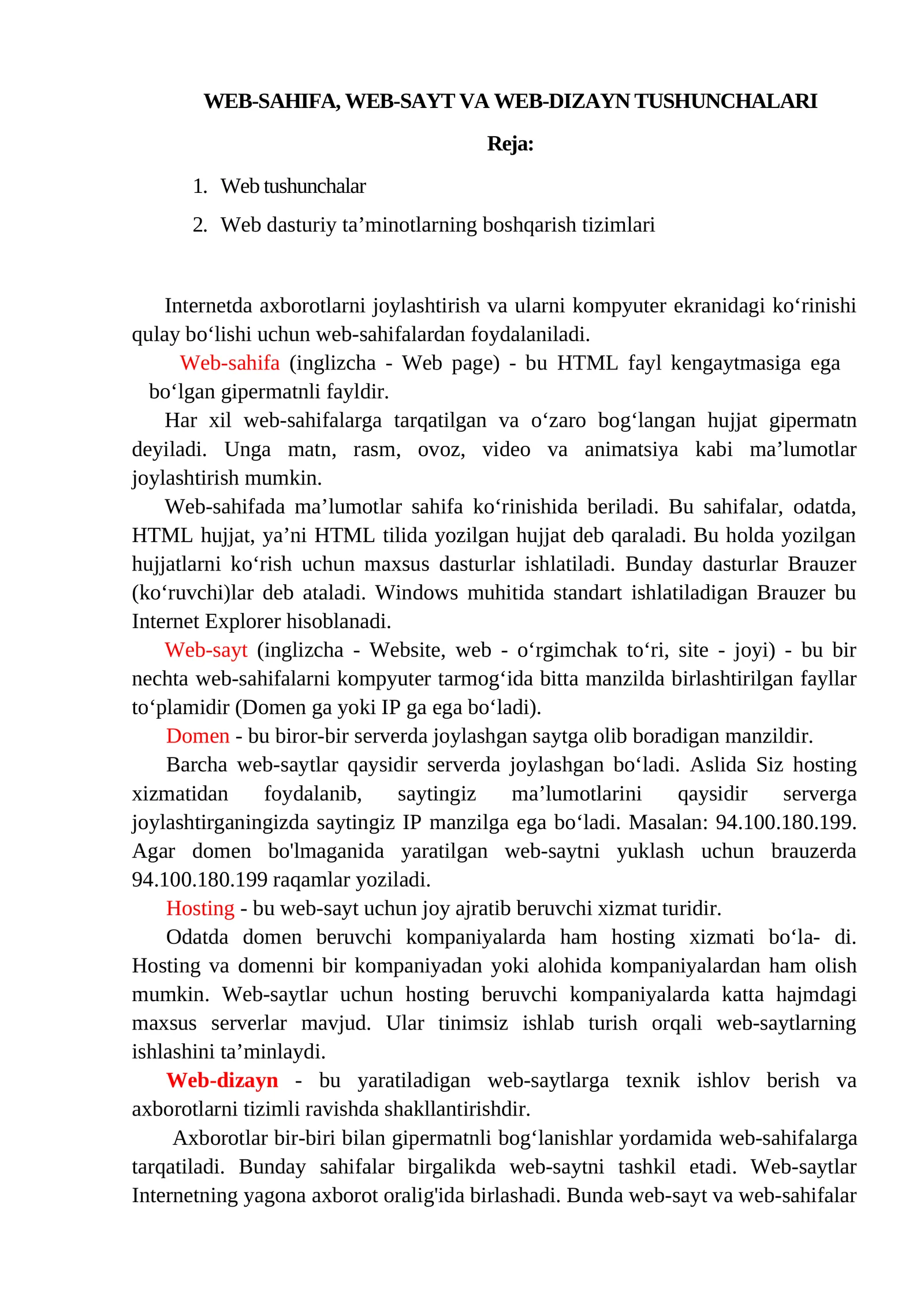 WEB-SAHIFA, WEB-SAYT VA WEB-DIZAYN TUSHUNCHALARI