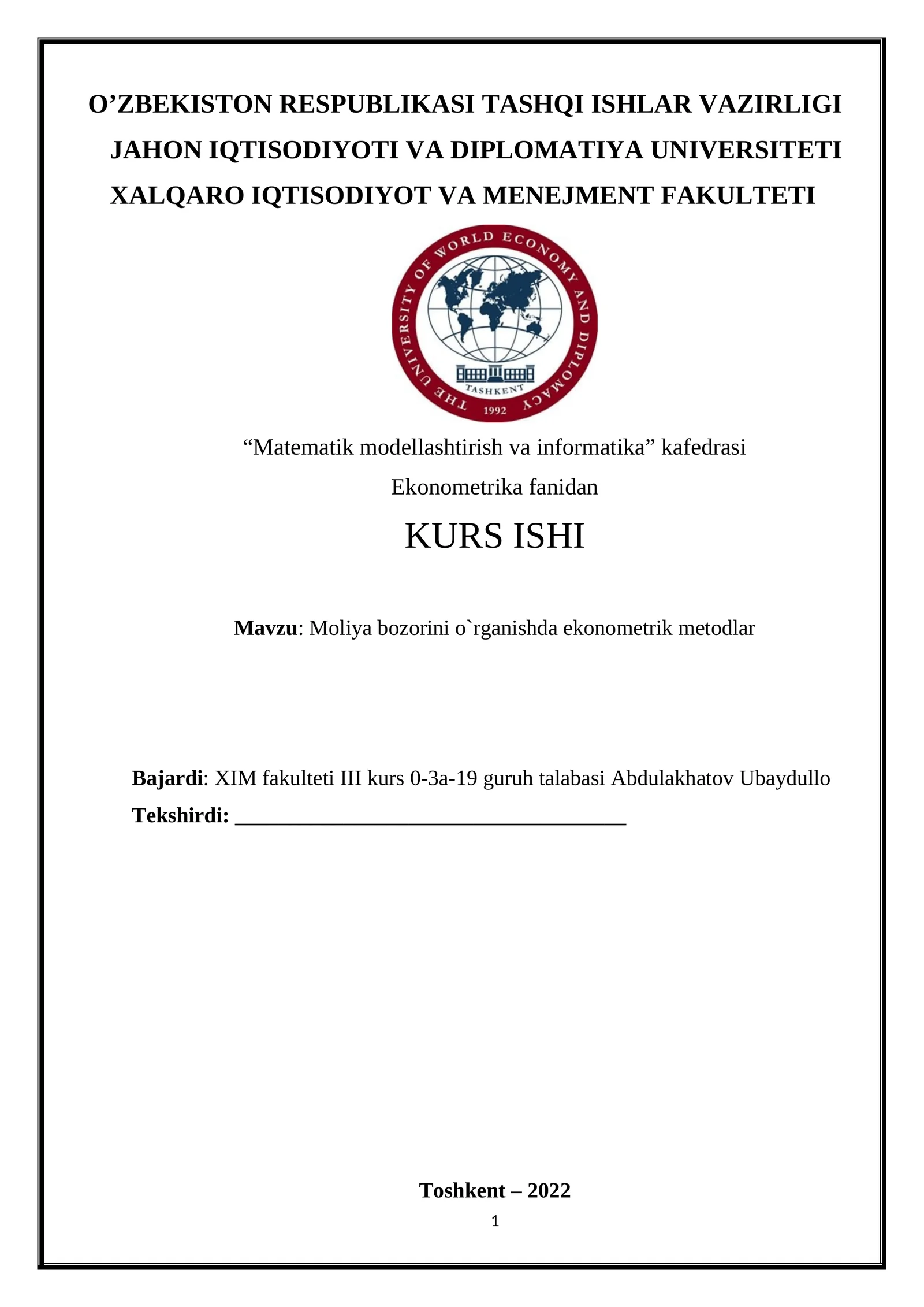 Mоliyа bоzоrini о`rgаnishdа ekоnоmetrik metоdlаr