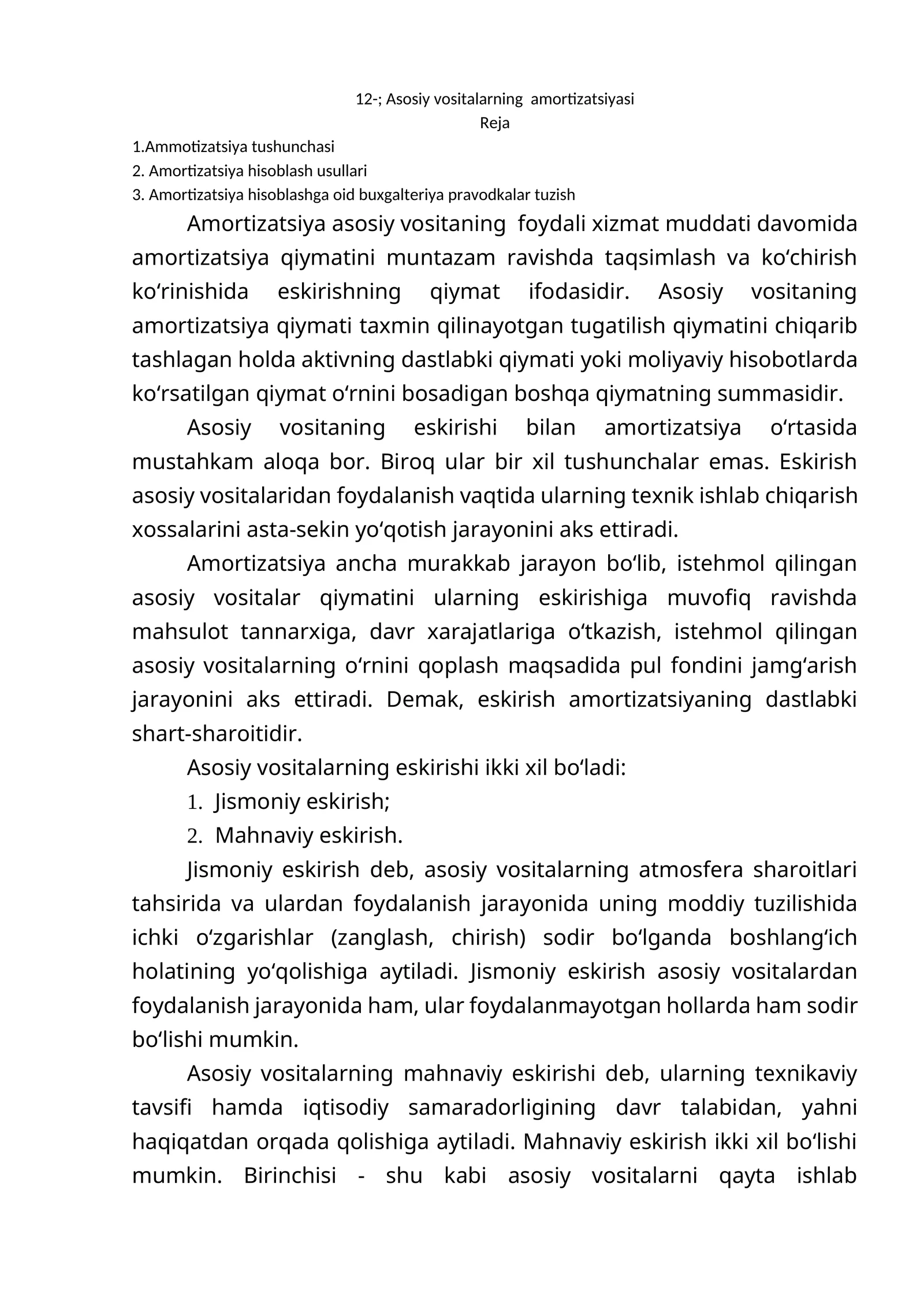 Asosiy vositalarning amortizatsiyasi