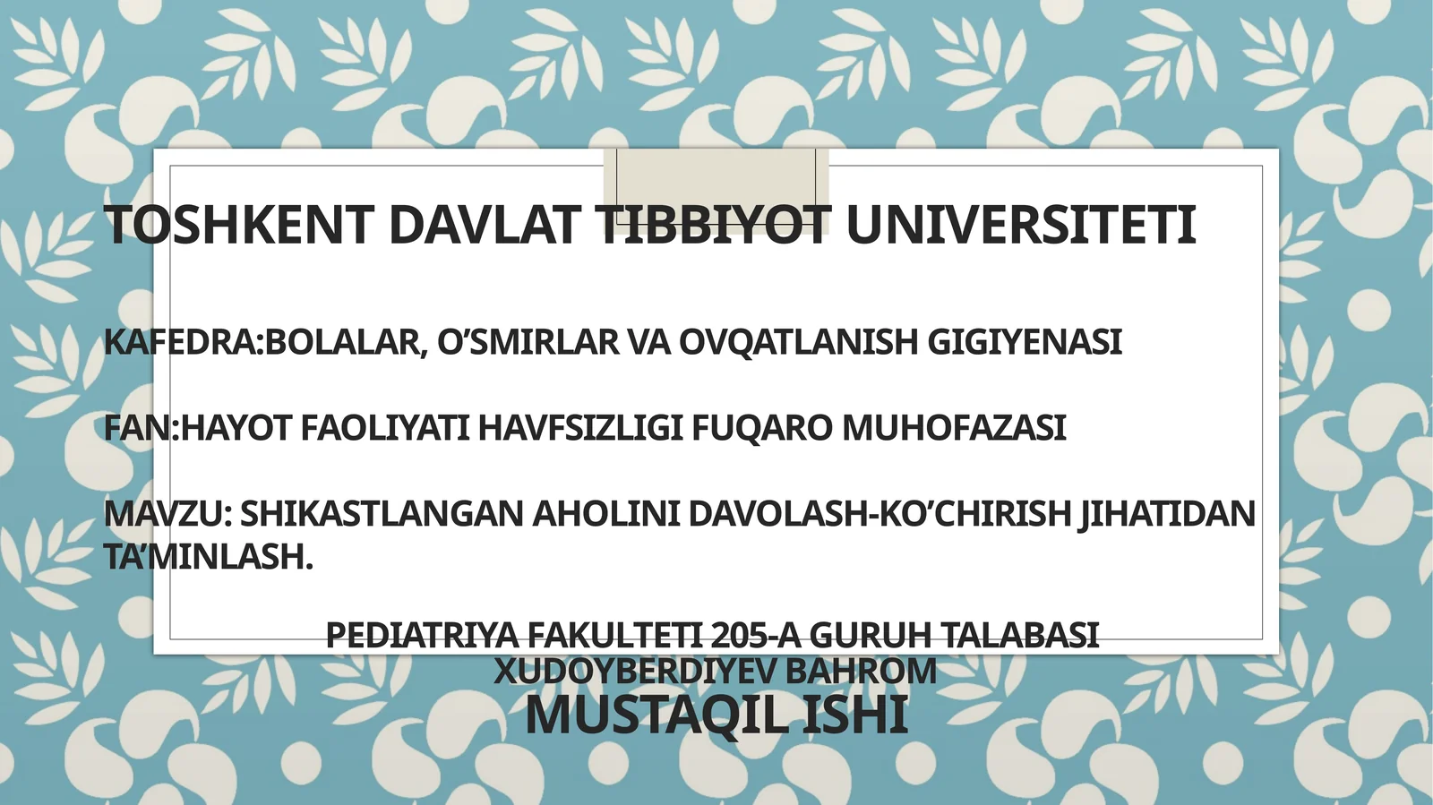 Shikastlangan aholini davolash-ko’chirish jihatidan ta’minlash