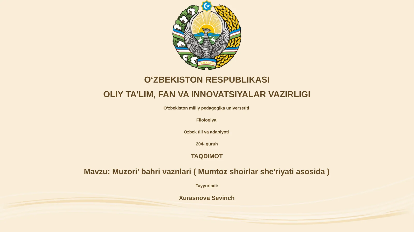 Muzori' bahri vaznlari ( Mumtoz shoirlar she'riyati asosida )