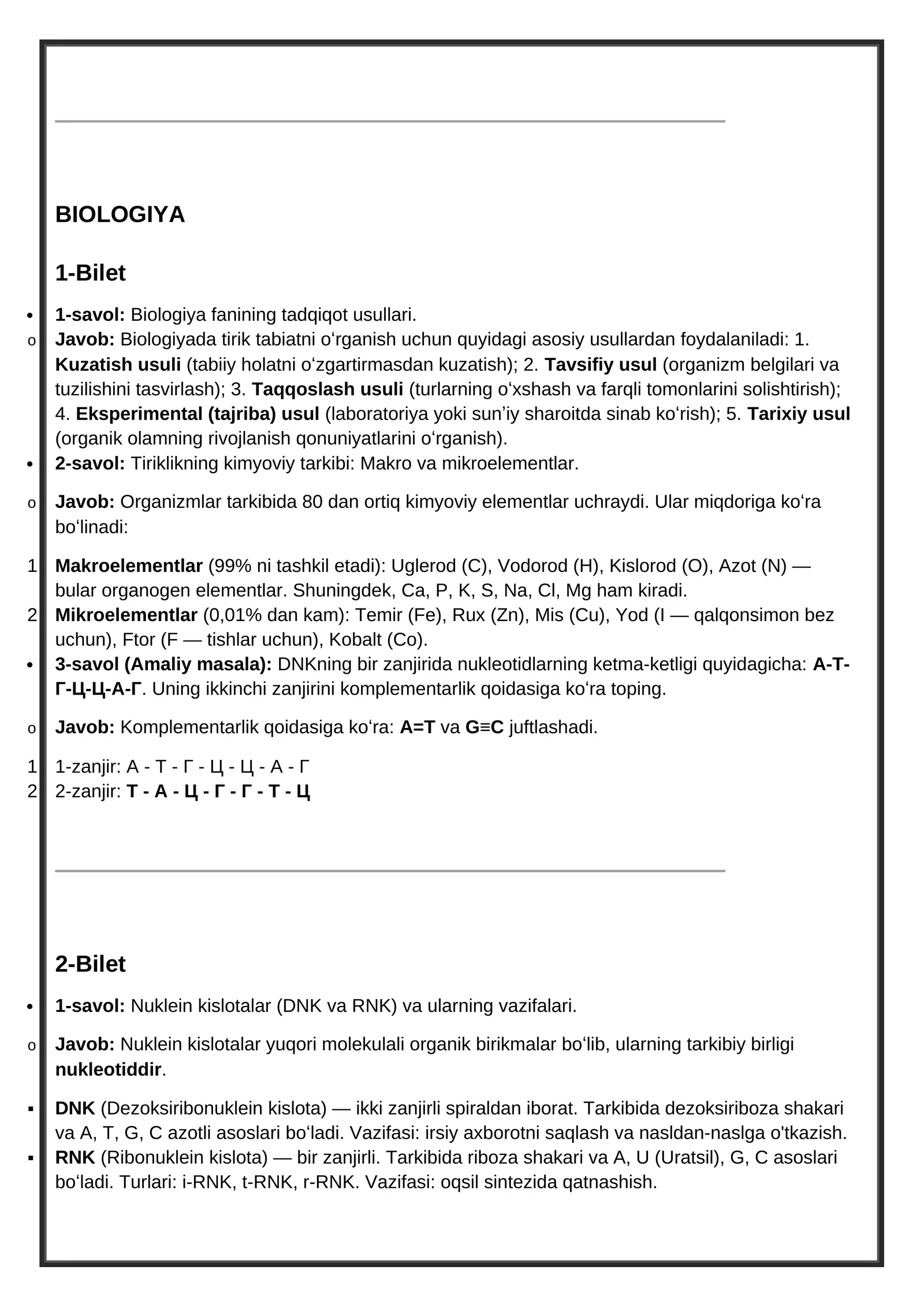 BIOLOGIYA 1-Bilet