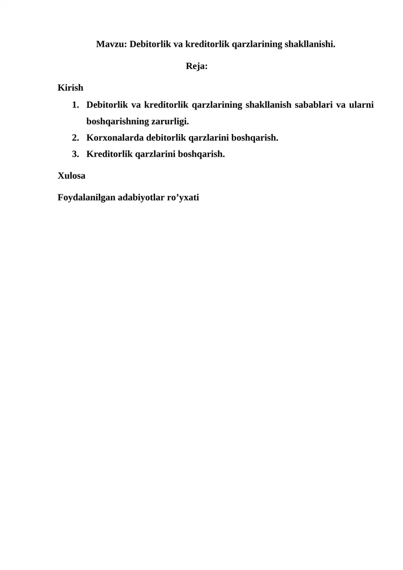 Debitorlik va kreditorlik qarzlarining shakllanishi