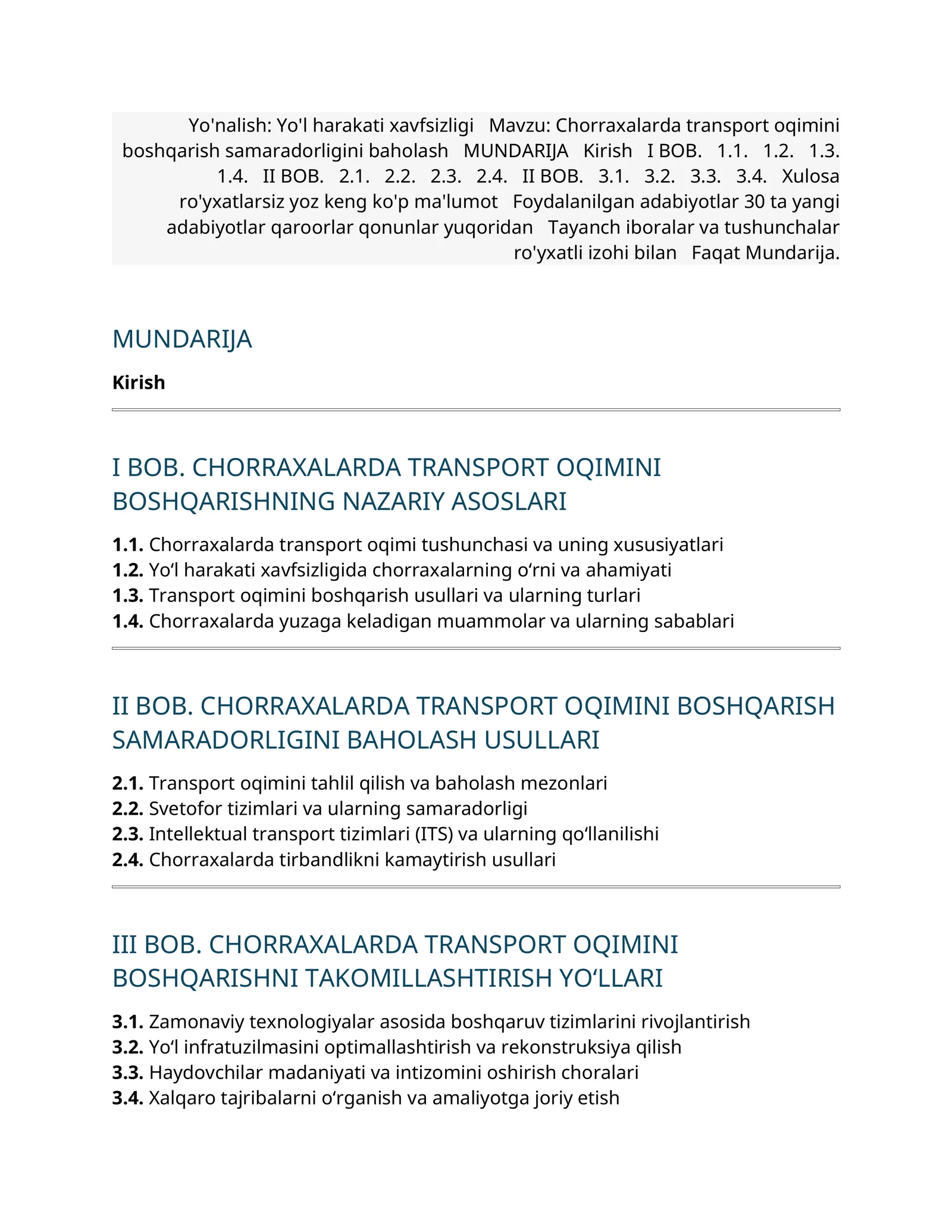 Chorraxalarda transport oqimini boshqarish samaradorligini baholash