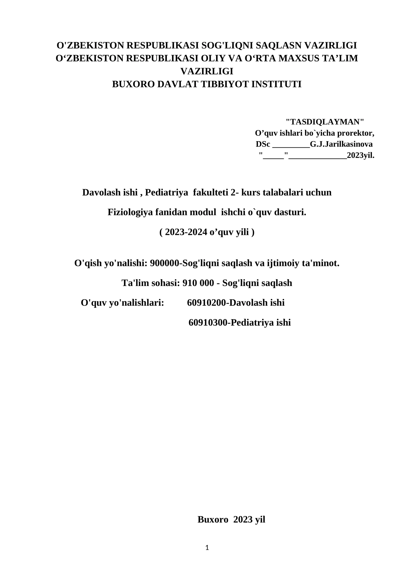 Fiziologiya fani modul ishchi o'quv dasturi