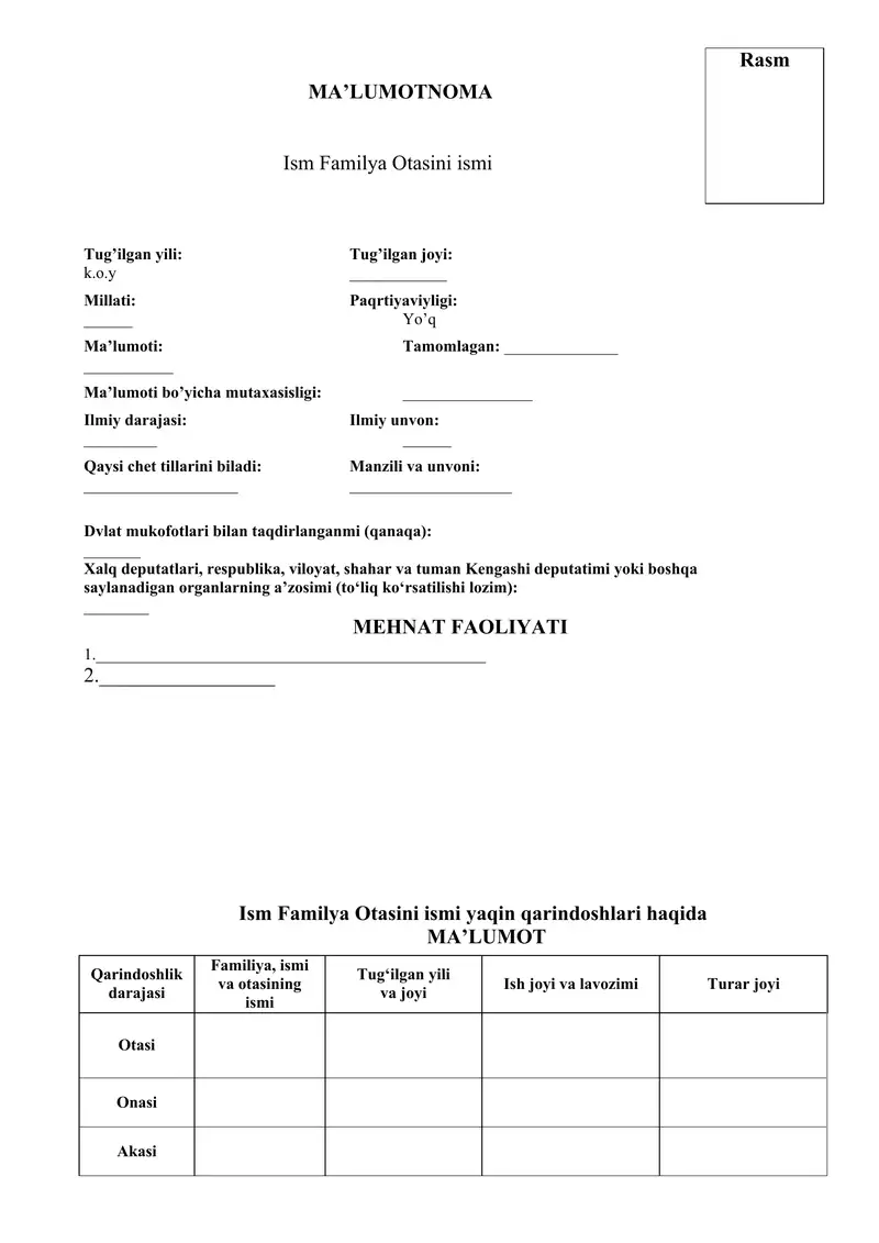 Ishga kirish uchun CV namuna