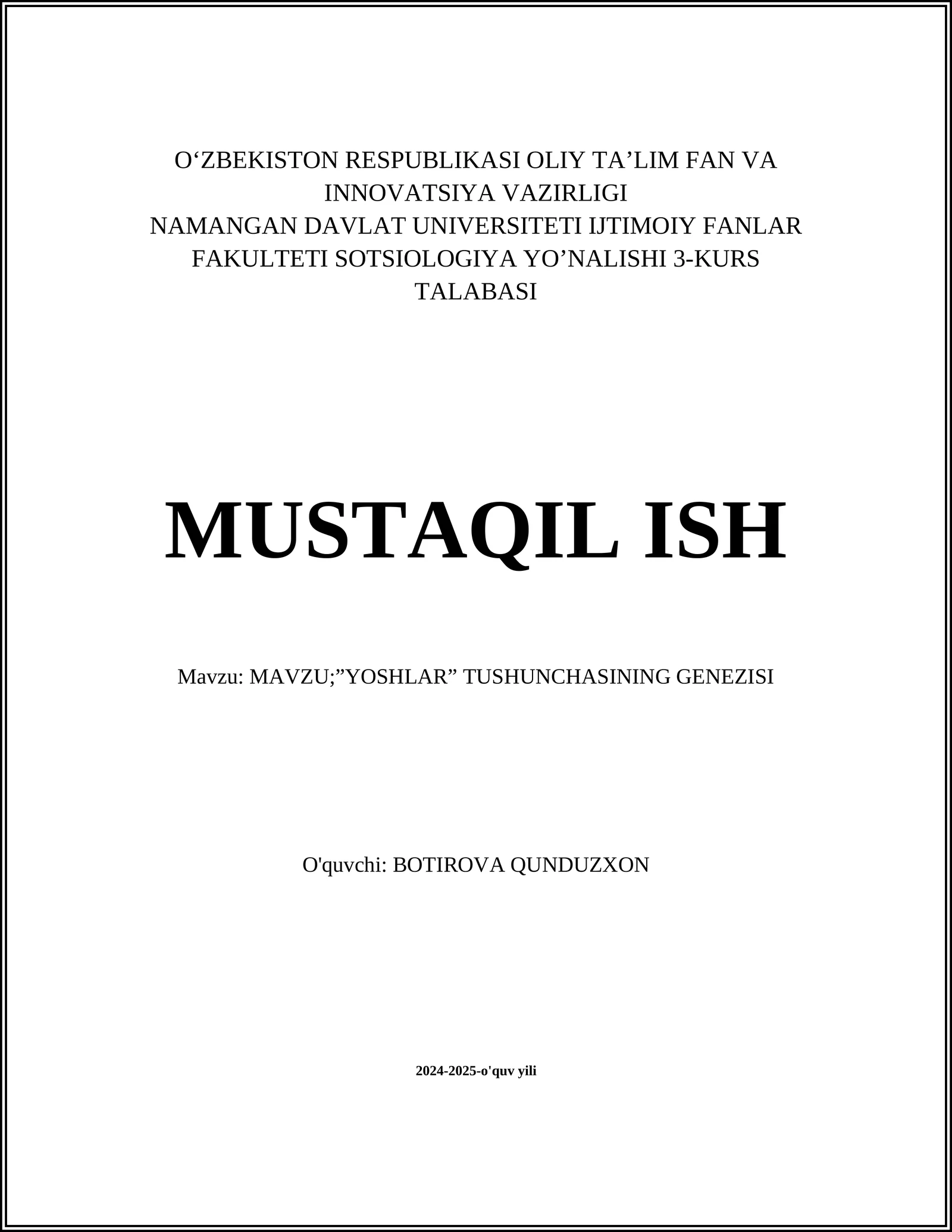 ”YOSHLAR” TUSHUNCHASINING GENEZISI