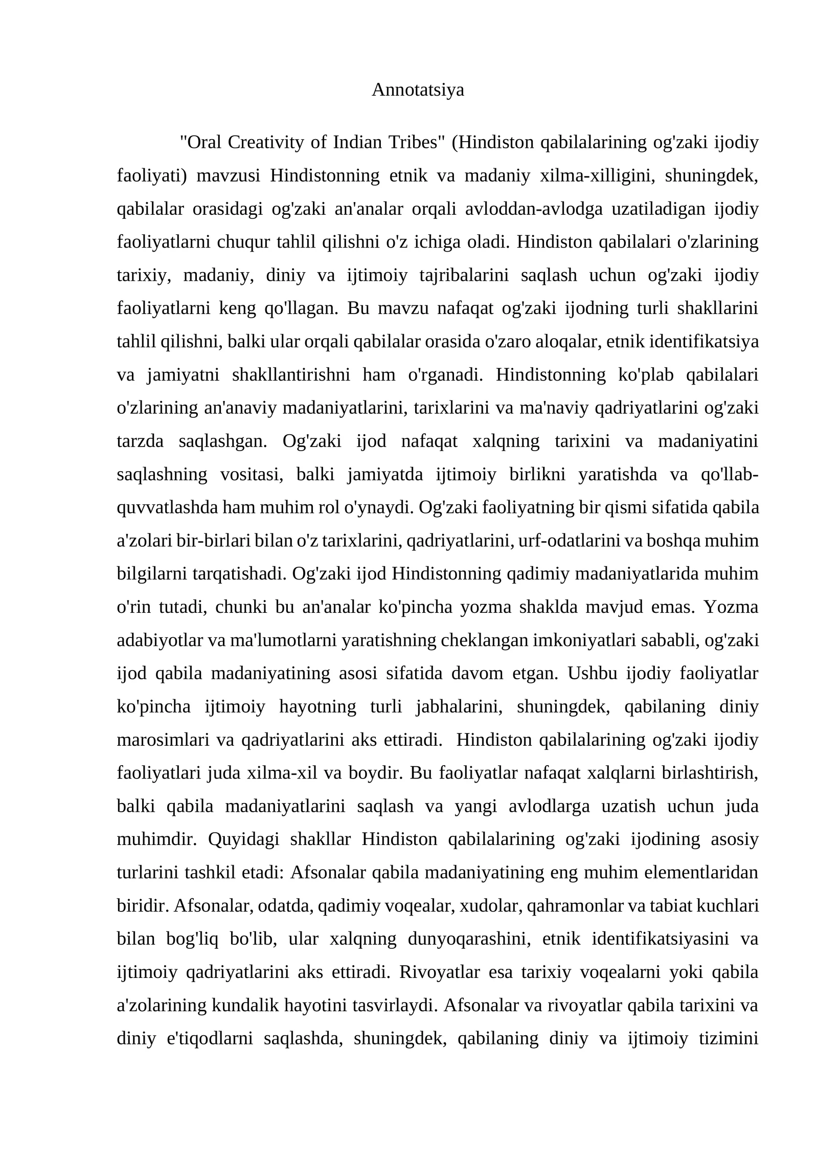 Oral Creativity of Indian Tribes (Hindiston qabilalarining og'zaki ijodiy faoliyati)