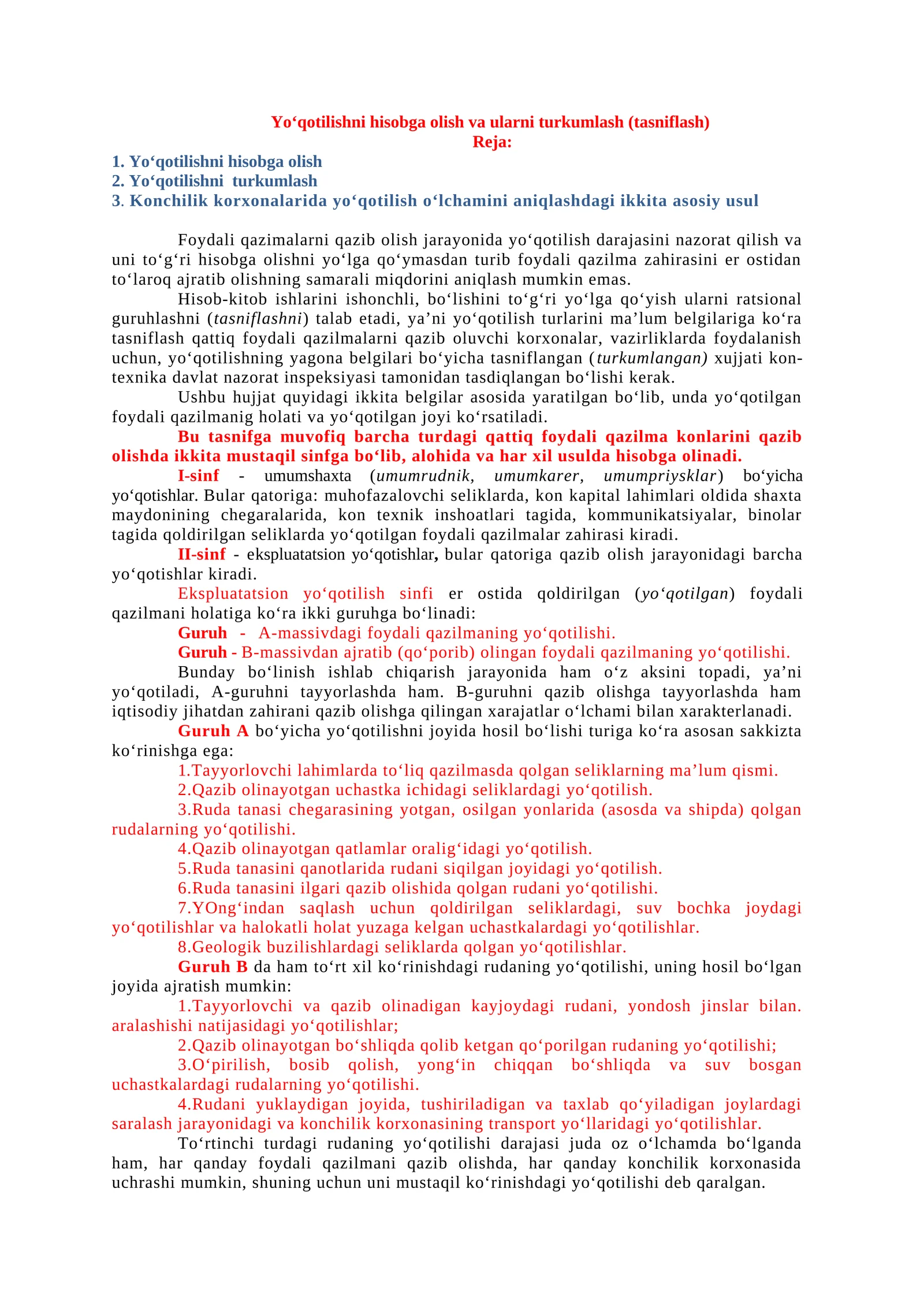 Yo‘qotilishni hisobga olish va ularni turkumlash (tasniflash)