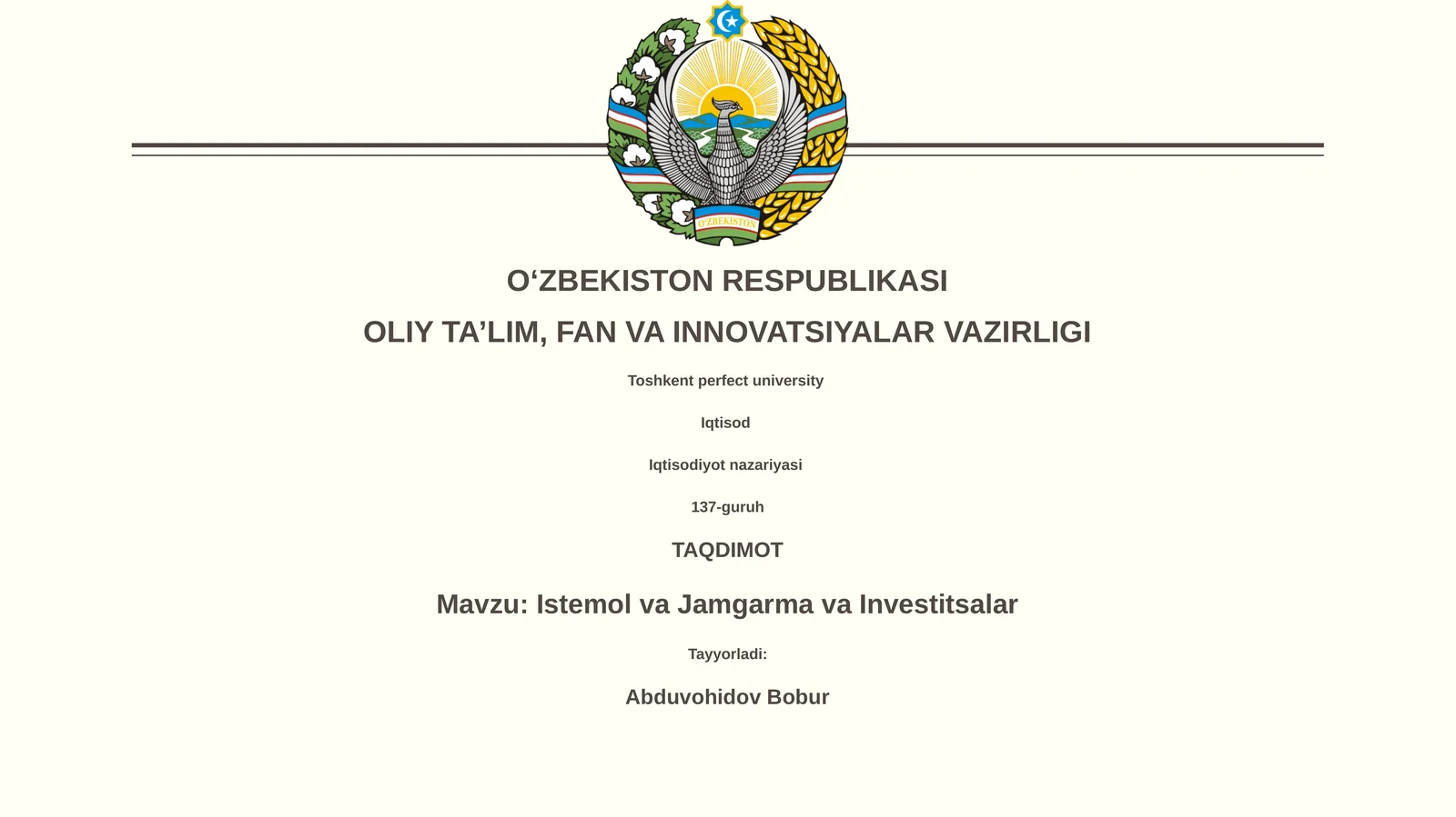 Istemol va Jamgarma va Investitsalar