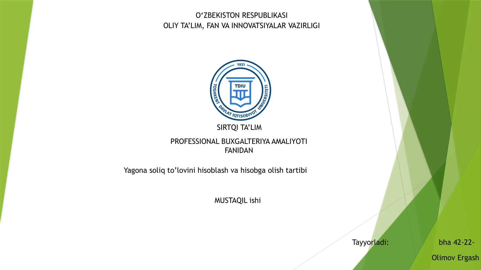 PROFESSIONAL BUXGALTERIYA AMALIYOTI FANIDAN MUSTAQIL ishi