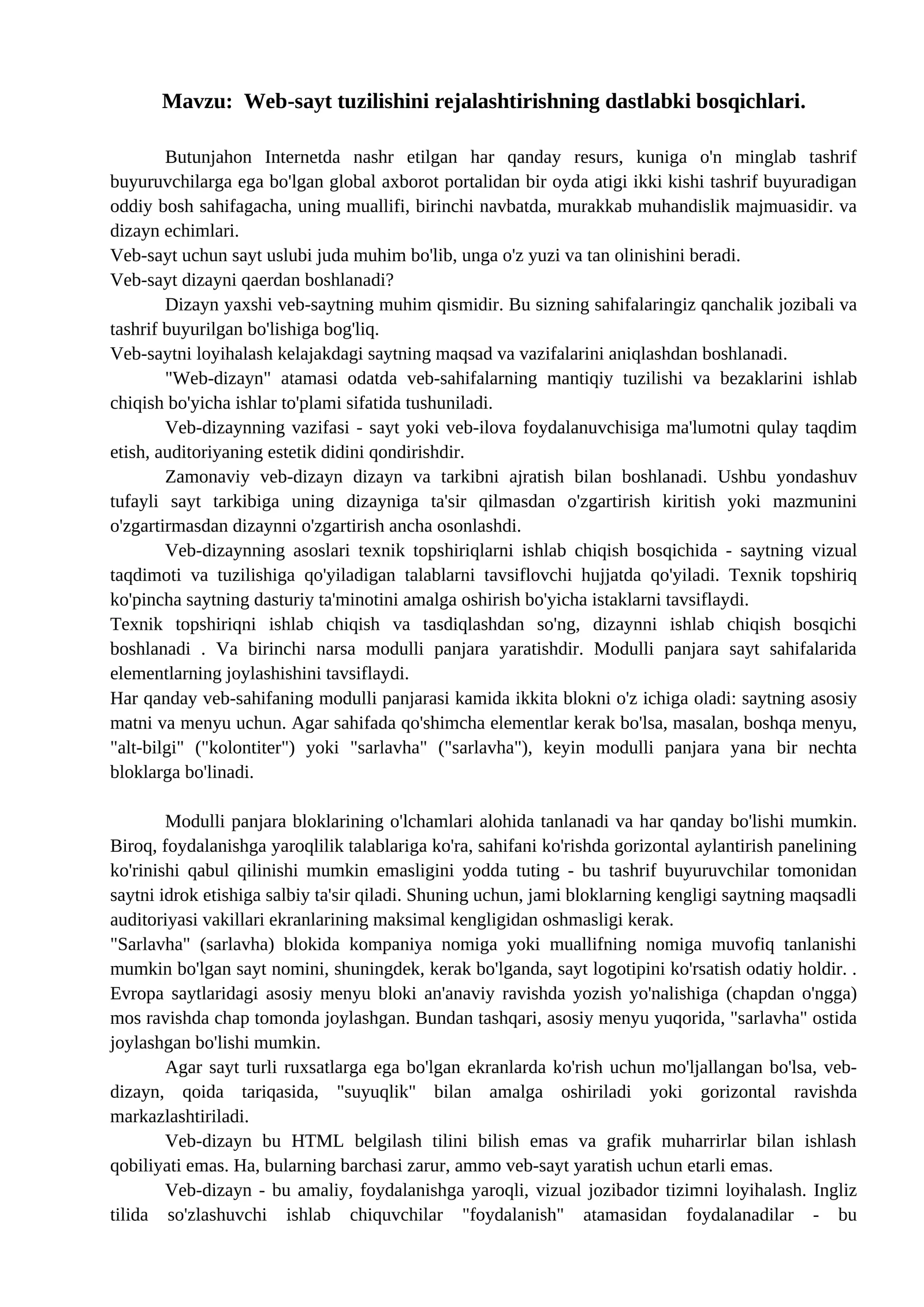 Web-sayt tuzilishini rejalashtirishning dastlabki bosqichlari