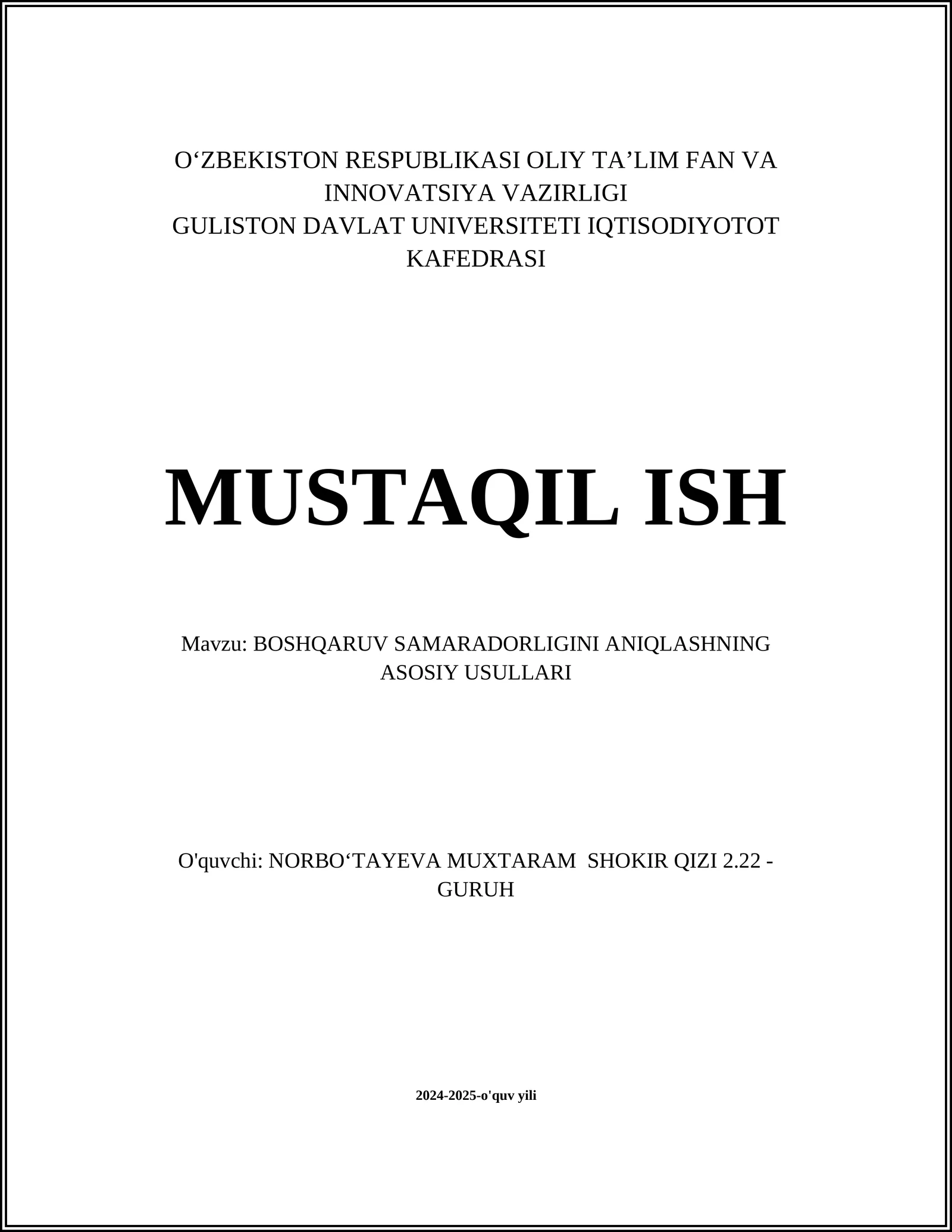 BOSHQARUV SAMARADORLIGINI ANIQLASHNING ASOSIY USULLARI