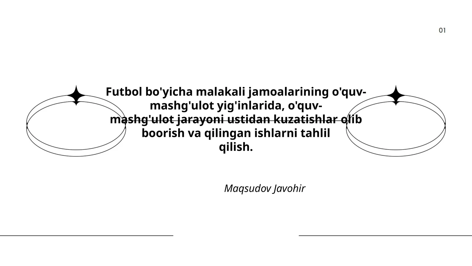 Futbol bo'yicha malakali jamoalarining o'quv-mashg'ulot yig'inlarida, o'quv-mashg'ulot jarayoni ustidan kuzatishlar olib boorish va qilingan ishlarni tahlil