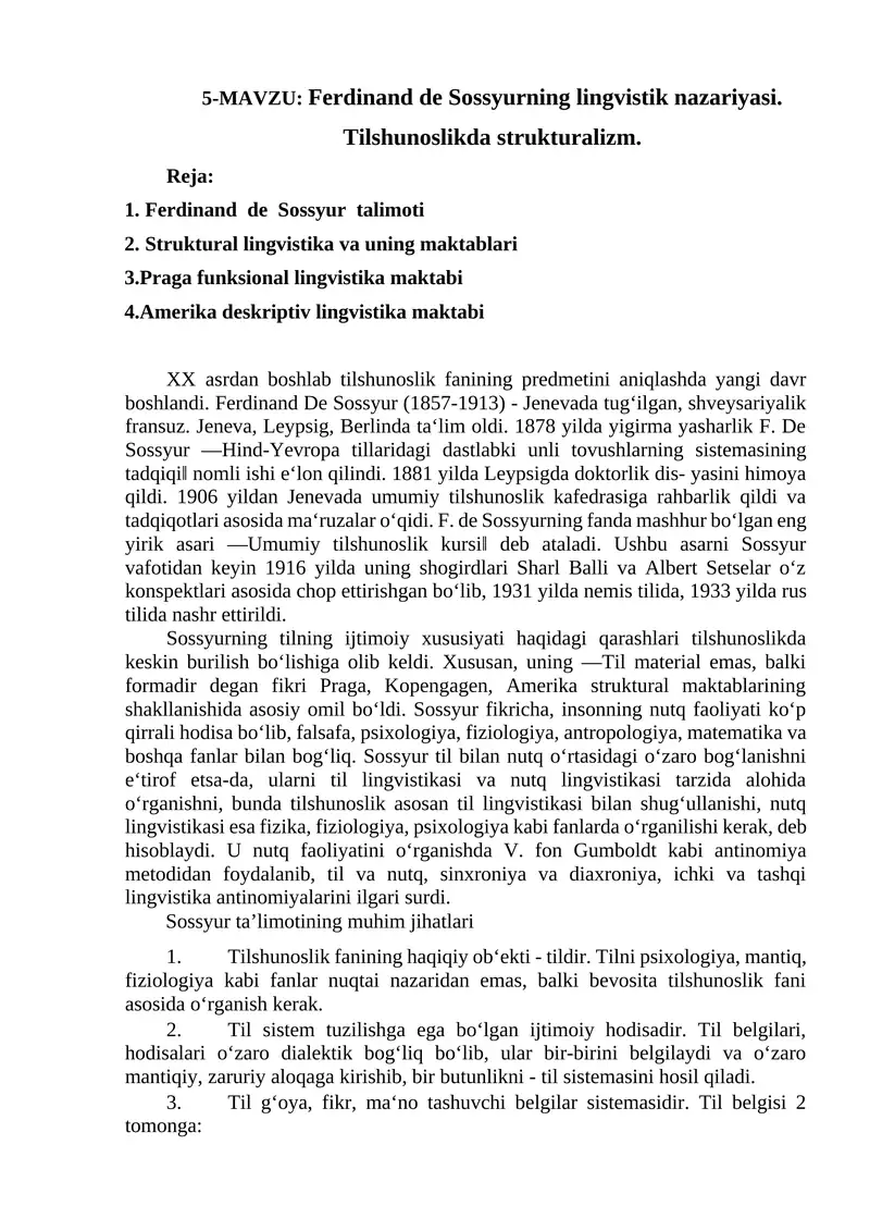 Ferdinand de Sossyurning lingvistik nazariyasi