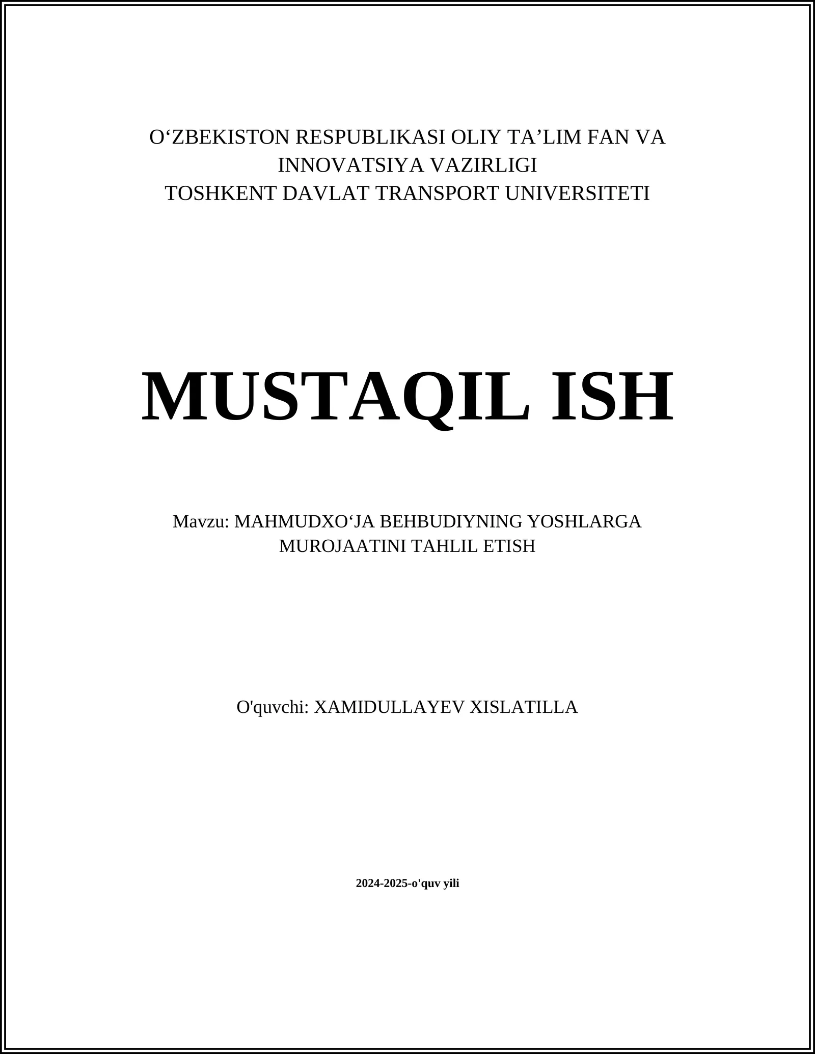MAHMUDXOʻJA BEHBUDIYNING YOSHLARGA MUROJAATINI TAHLIL ETISH
