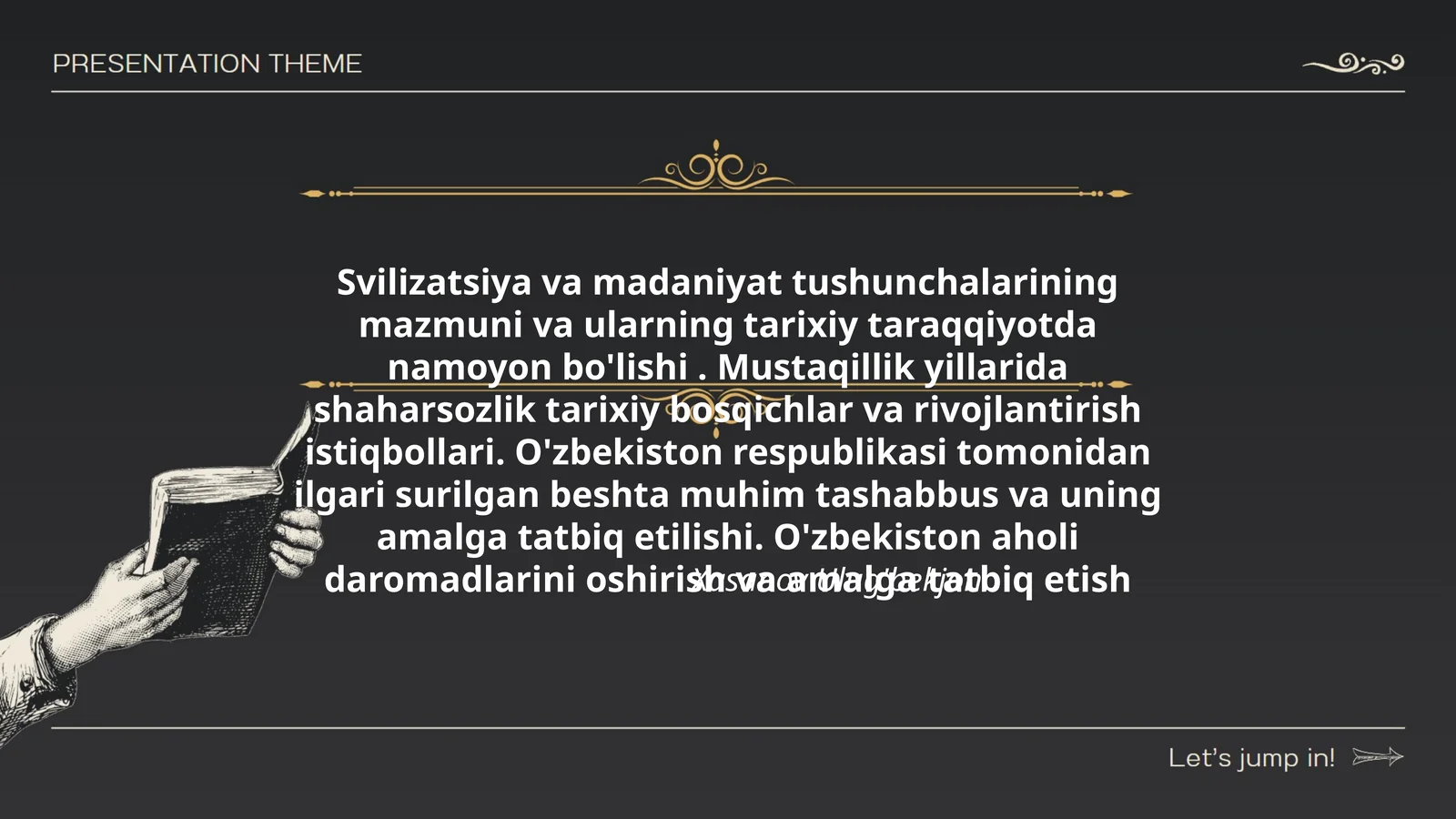 Svilizatsiya va madaniyat tushunchalarining mazmuni va ularning tarixiy taraqqiyotda namoyon bo'lishi. Mustaqillik yillarida shaharsozlik tarixiy bosqichlar va rivojlantirish istiqbollari. O'zbekiston respublikasi tomonidan ilgari surilgan beshta muhim tashabbus va uning amalga tatbiq etilishi. O'zbekiston aholi daromadlarini oshirish va amalga tatbiq etish
