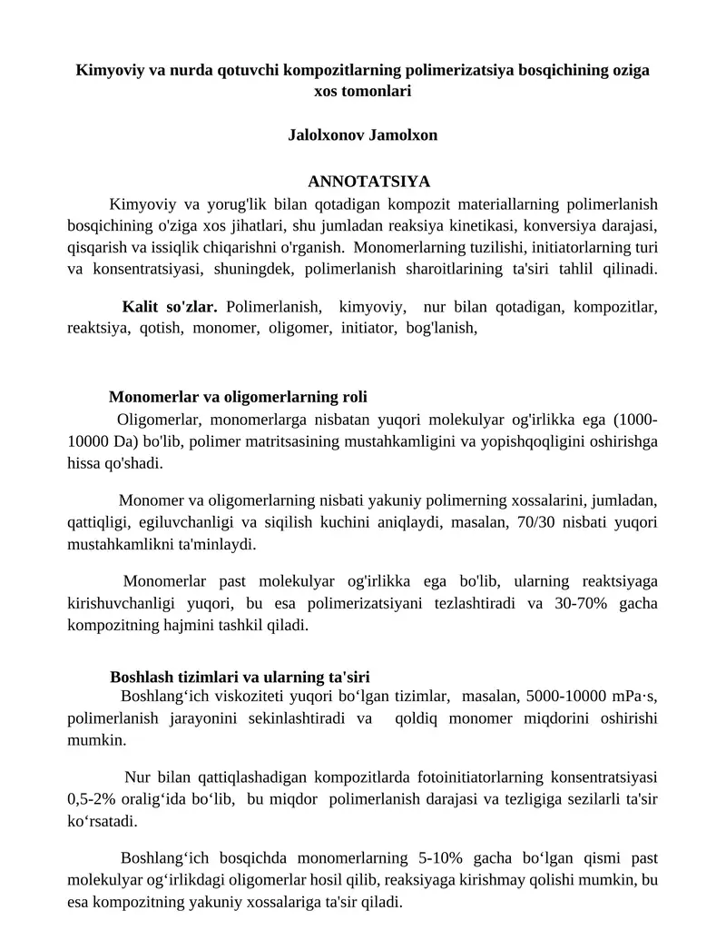 Monomerlar va oligomerlarning roli