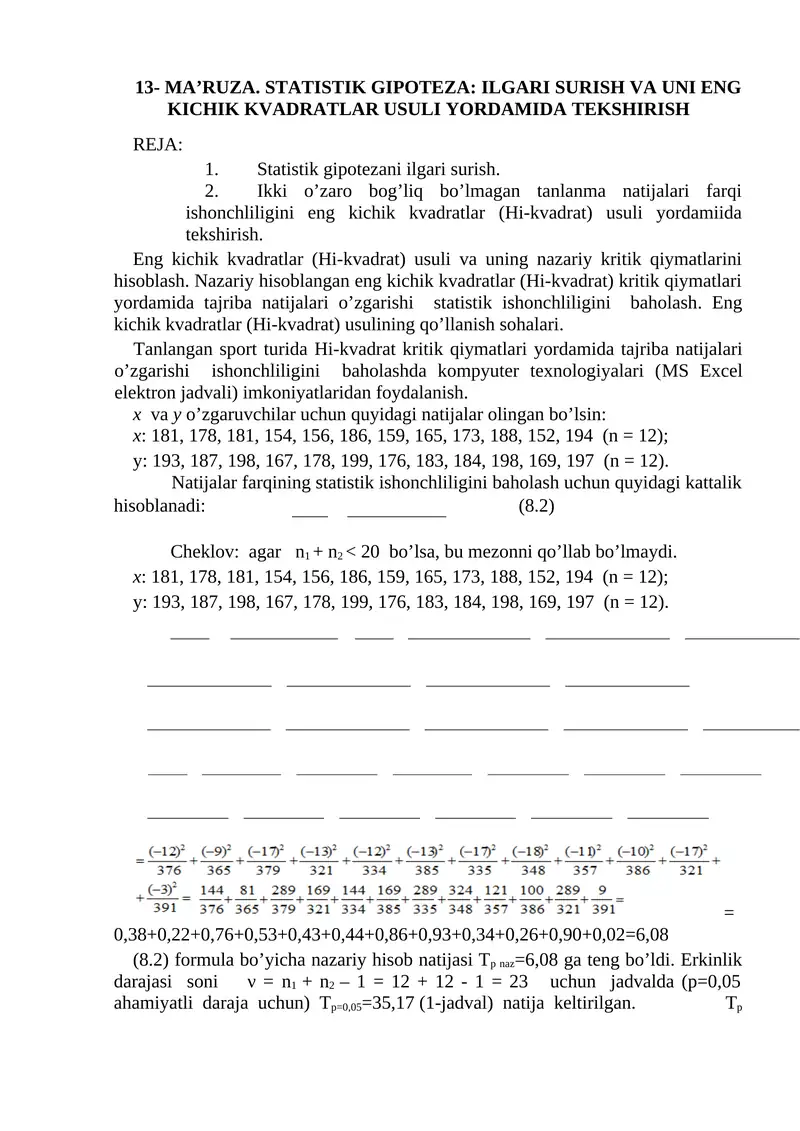 STATISTIK GIPOTEZA: ILGARI SURISH VA UNI ENG KICHIK KVADRATLAR USULI YORDAMIDA TEKSHIRISH