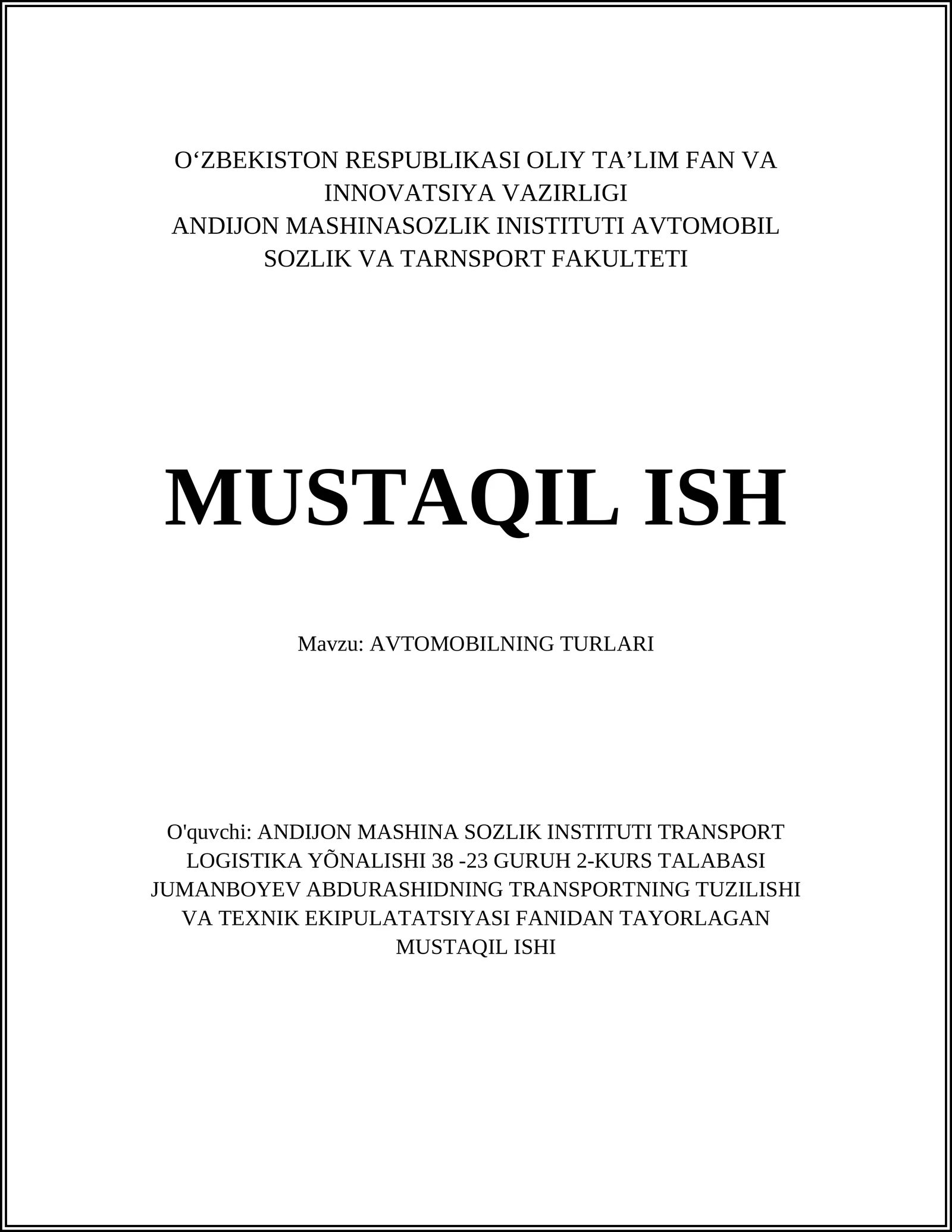 AVTOMOBILNING TURLARI