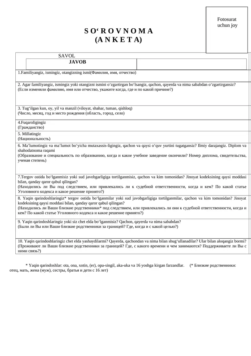So'rovnoma-anketa blankasi