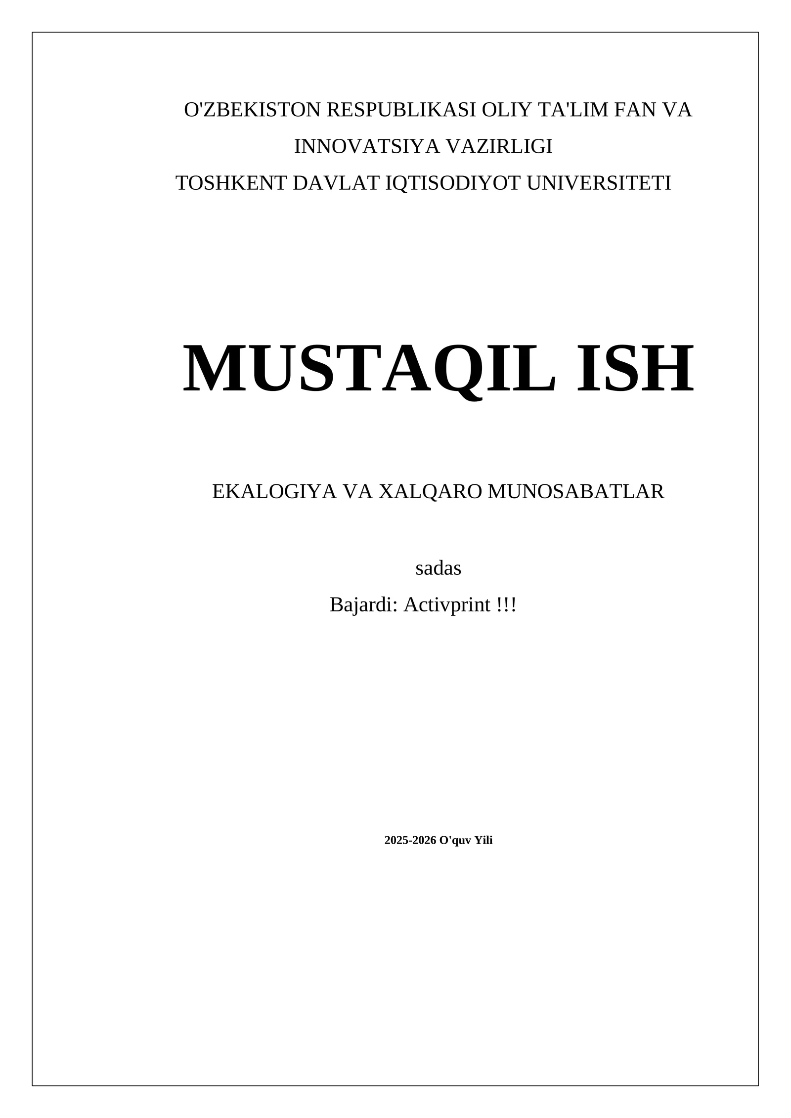 EKALOGIYA VA XALQARO MUNOSABATLAR